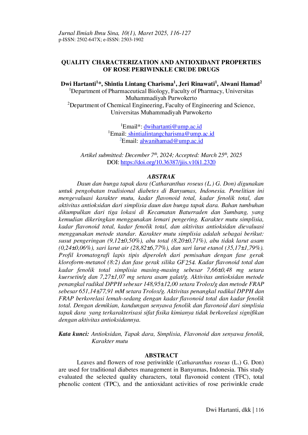 JURIS Quality Characterization and Antioxidant Properties of Rose Periwinkle Crude Drugs