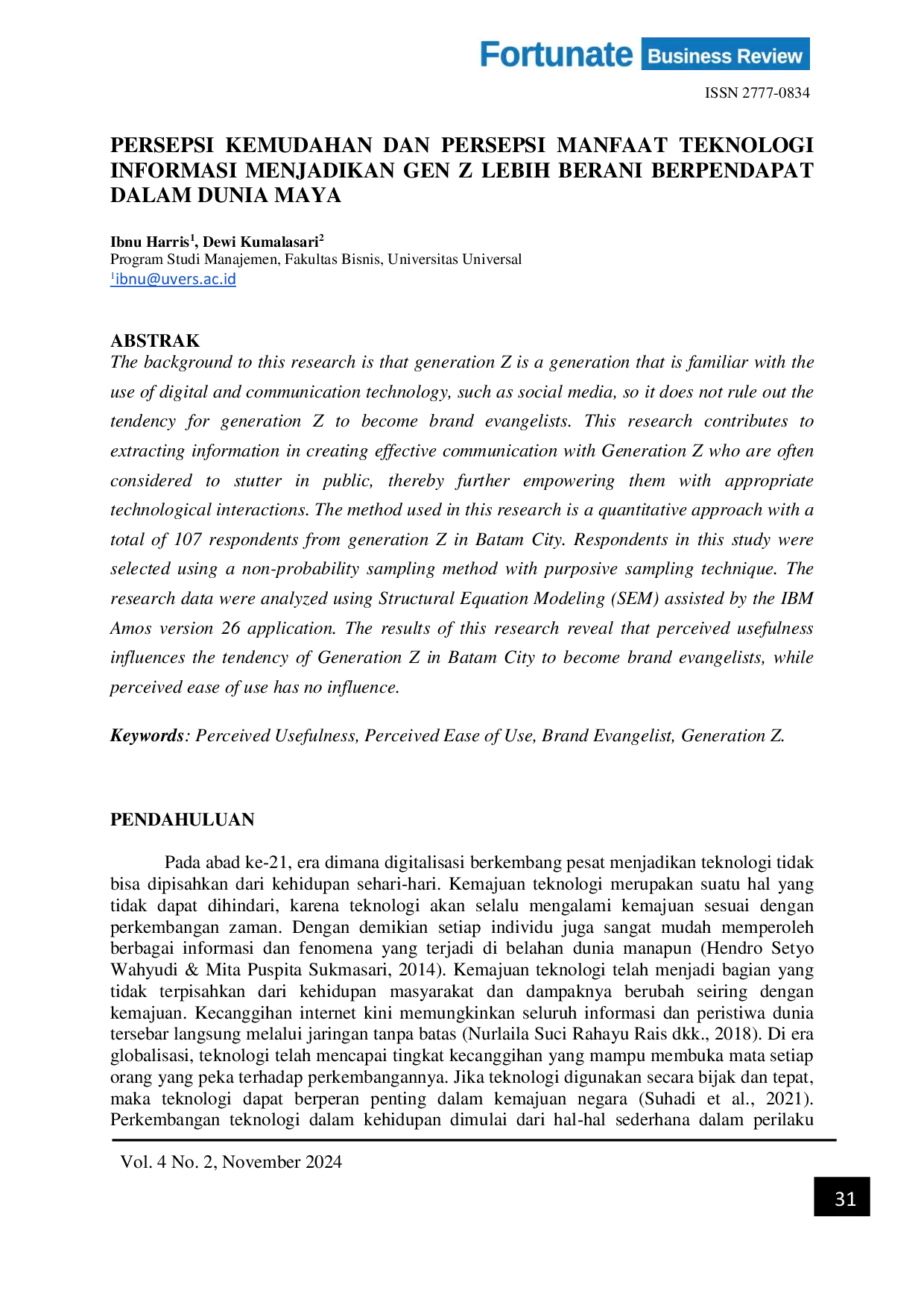 JURIS Persepsi Kemudahan Dan Persepsi Manfaat Teknologi Informasi Menjadikan Gen Z Lebih Berani Berpendapat Dalam Dunia Maya