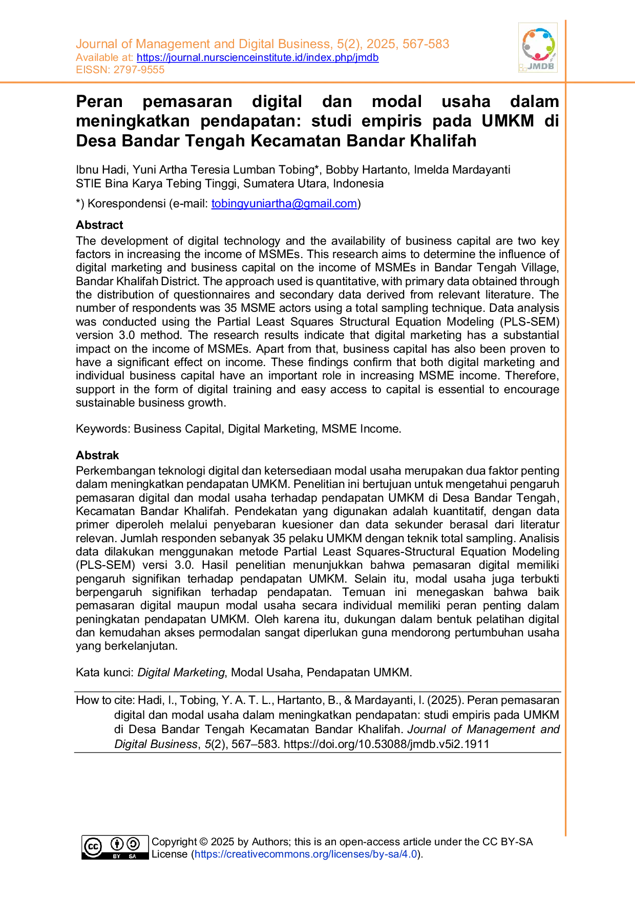 JURIS Peran pemasaran digital dan modal usaha dalam meningkatkan pendapatan studi empiris pada UMKM di Desa Bandar Tengah Kecamatan Bandar Khalifah