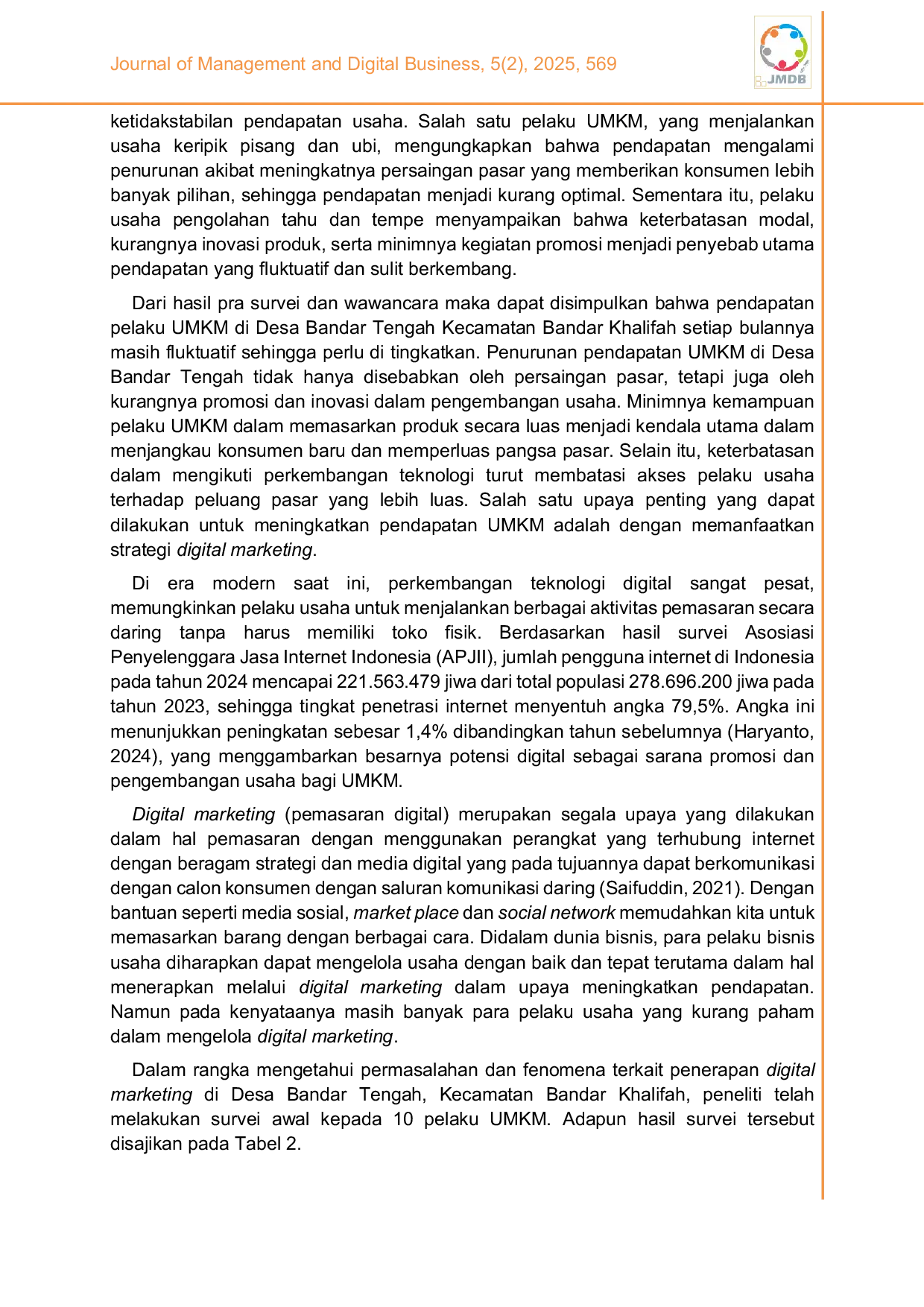 JURIS Peran pemasaran digital dan modal usaha dalam meningkatkan pendapatan studi empiris pada UMKM di Desa Bandar Tengah Kecamatan Bandar Khalifah