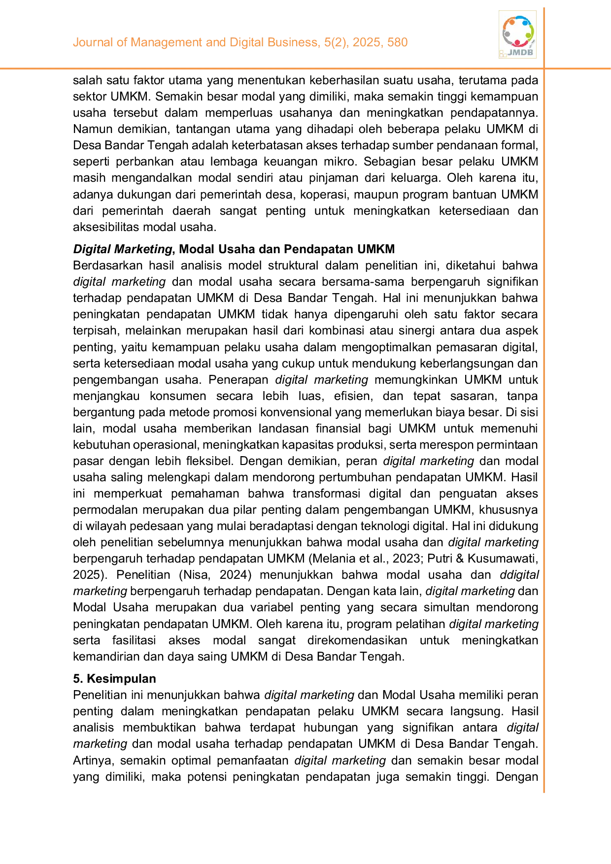 JURIS Peran pemasaran digital dan modal usaha dalam meningkatkan pendapatan studi empiris pada UMKM di Desa Bandar Tengah Kecamatan Bandar Khalifah