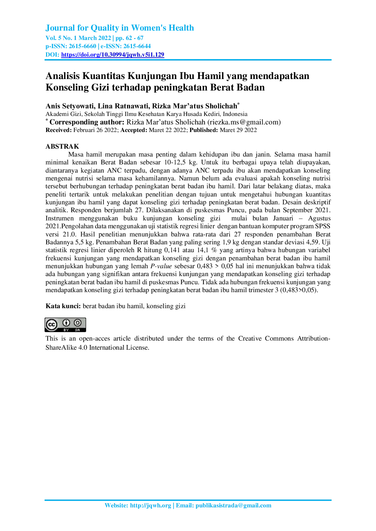 JURIS Analisis Kuantitas Kunjungan Ibu Hamil yang mendapatkan Konseling Gizi terhadap peningkatan Berat Badan