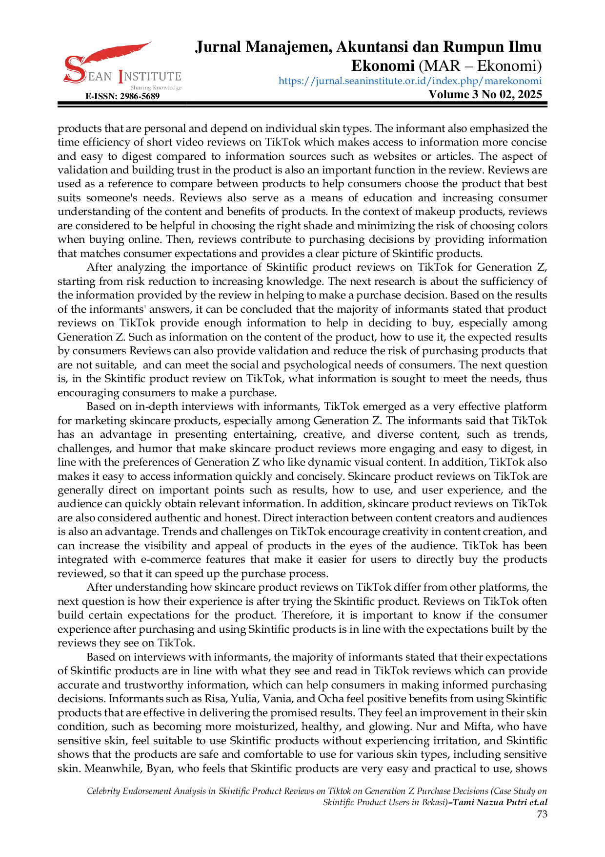 JURIS Celebrity Endorsement Analysis in Skintific Product Reviews on Tiktok on Generation Z Purchase Decisions Case Study on Skintific Product Users in Bekasi