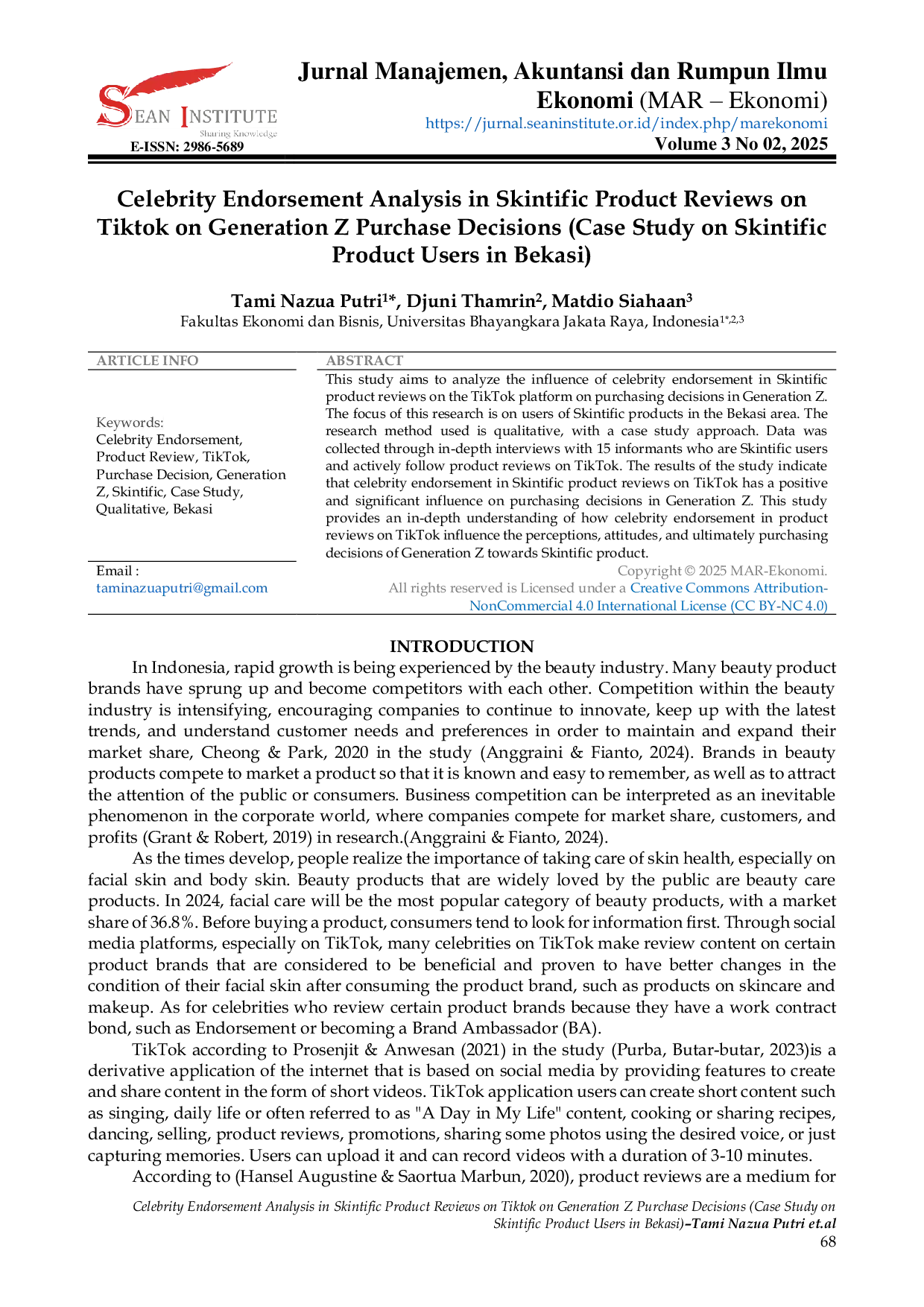 JURIS Celebrity Endorsement Analysis in Skintific Product Reviews on Tiktok on Generation Z Purchase Decisions Case Study on Skintific Product Users in Bekasi