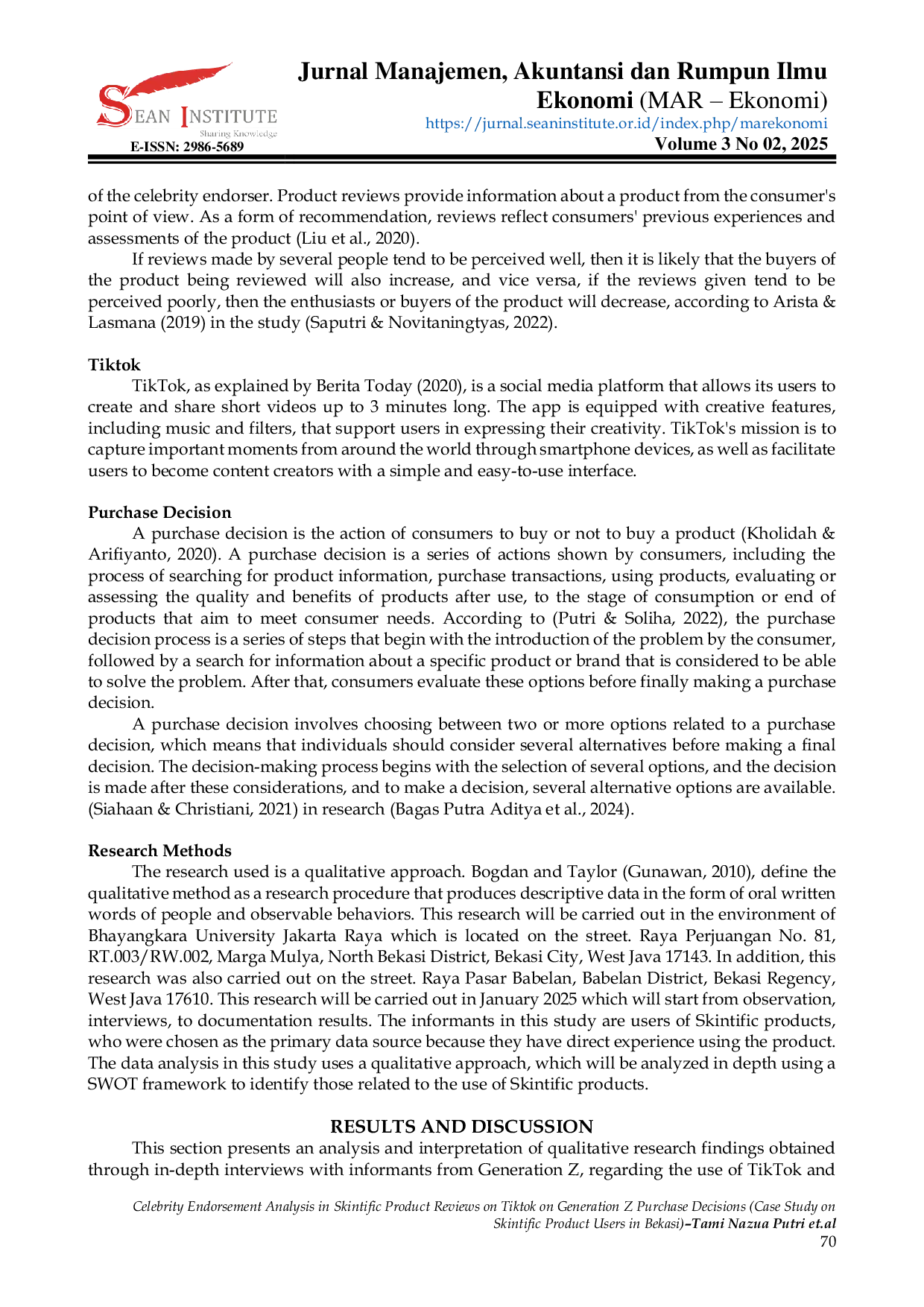 JURIS Celebrity Endorsement Analysis in Skintific Product Reviews on Tiktok on Generation Z Purchase Decisions Case Study on Skintific Product Users in Bekasi