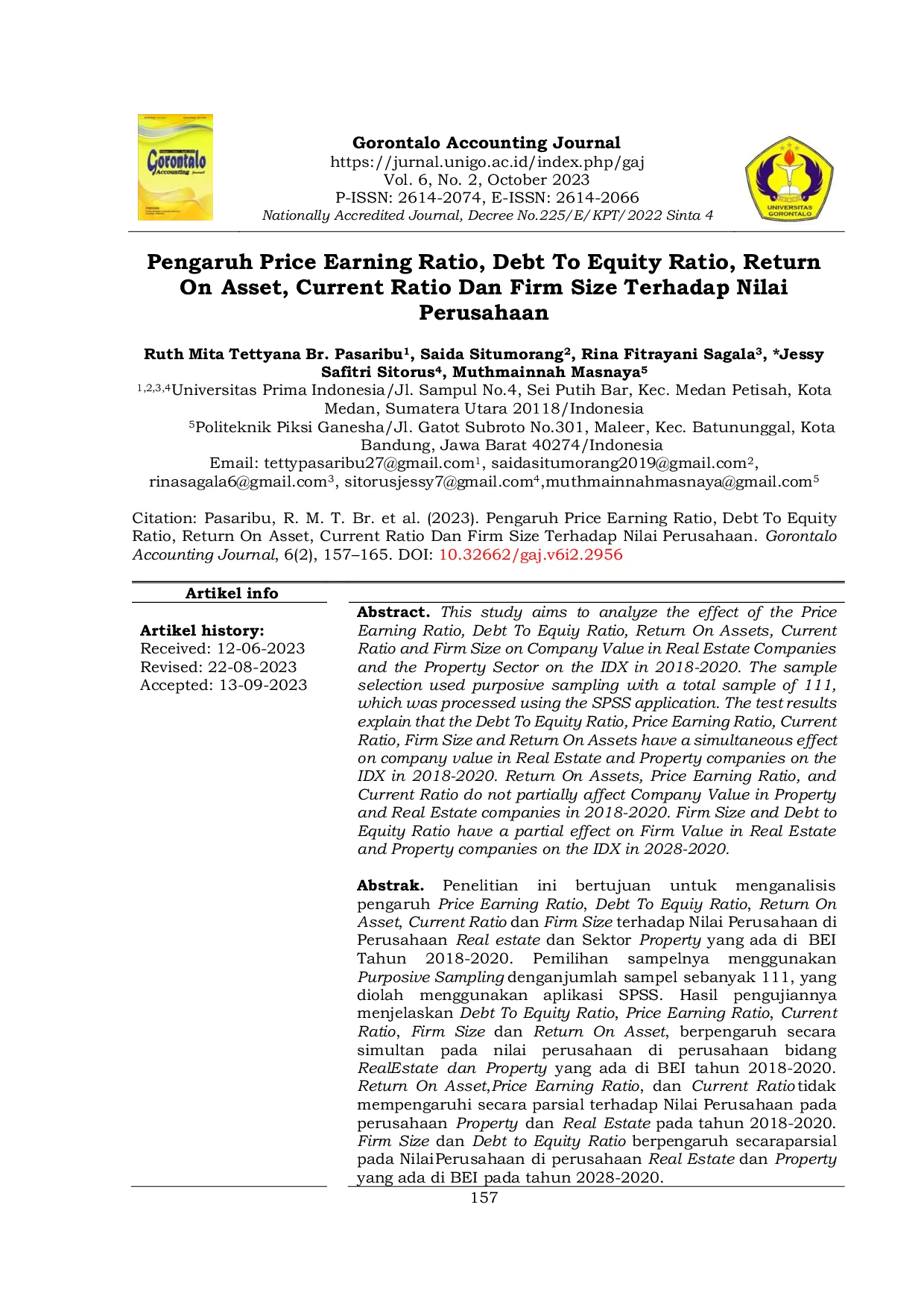 JURIS Pengaruh Price Earning Ratio Debt To Equity Ratio Return On Asset Current Ratio Dan Firm Size Terhadap Nilai Perusahaan