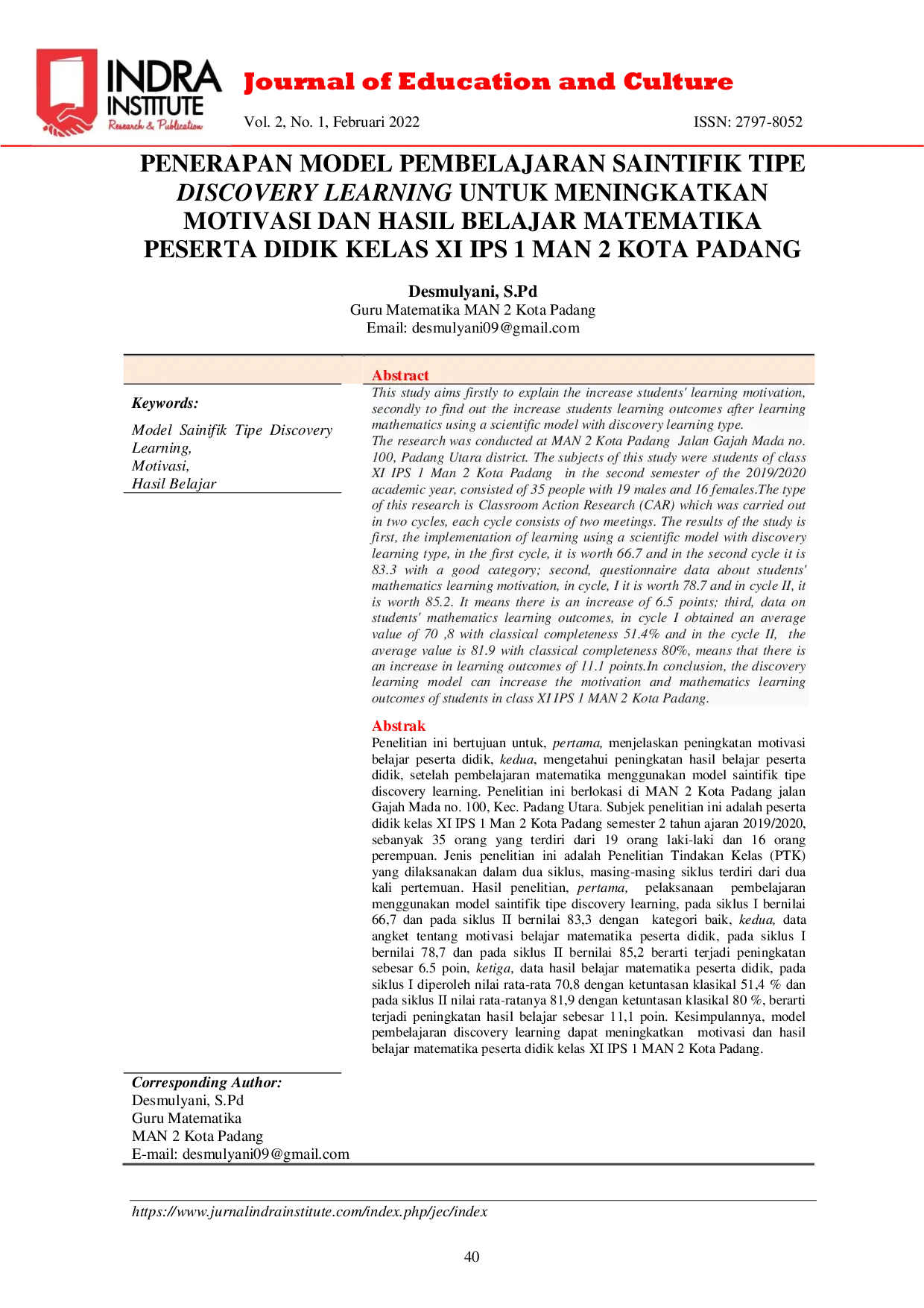 JURIS Penerapan Model Pembelajaran Saintifik Tipe Discovery Learning untuk Meningkatkan Motivasi dan Hasil Belajar Matematika Peserta Didik Kelas XI IPS 1 MAN 2 Kota Padang