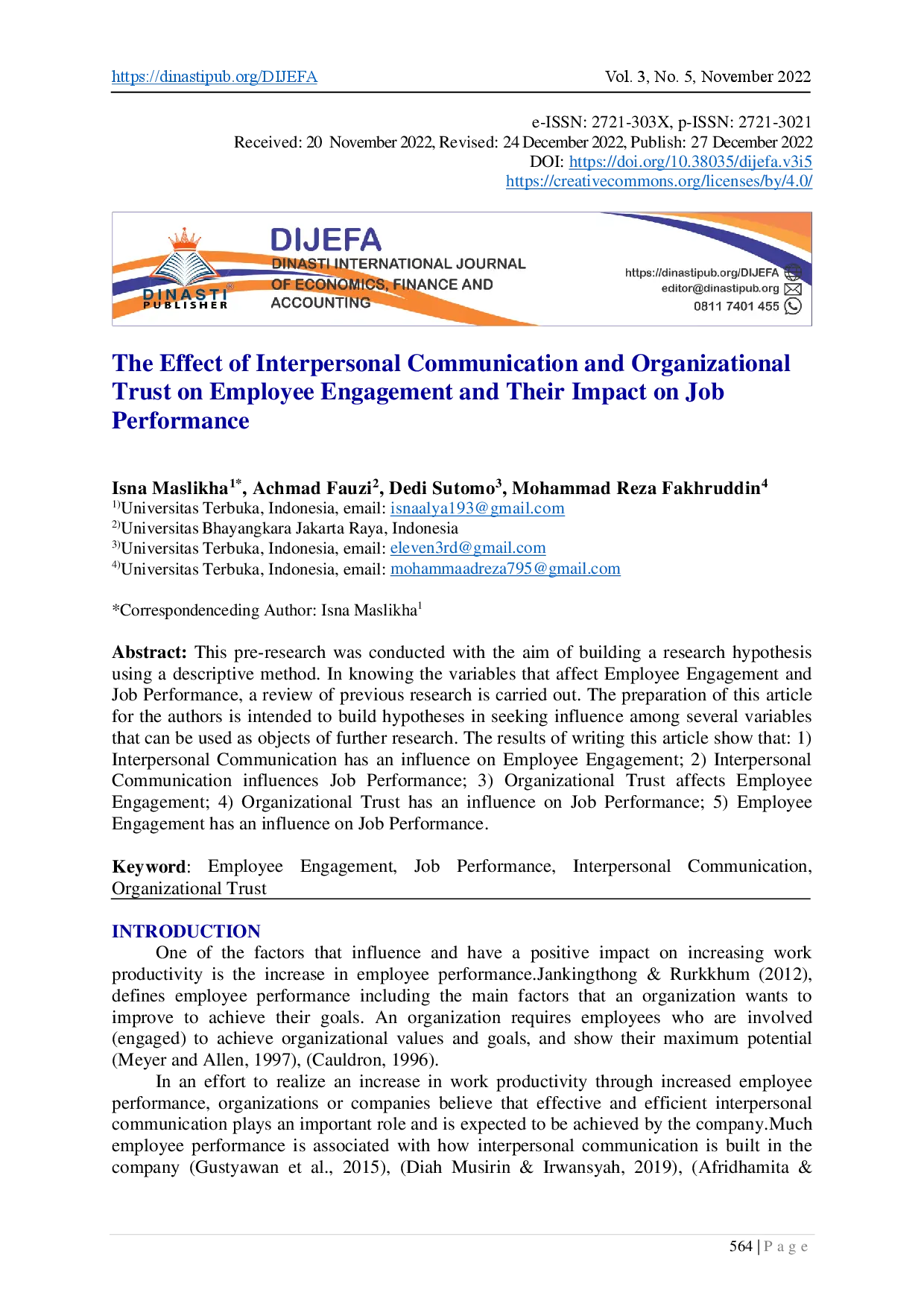 juris The Effect of Interpersonal Communication and Organizational Trust on Employee Engagement and Their Impact on Job Performance