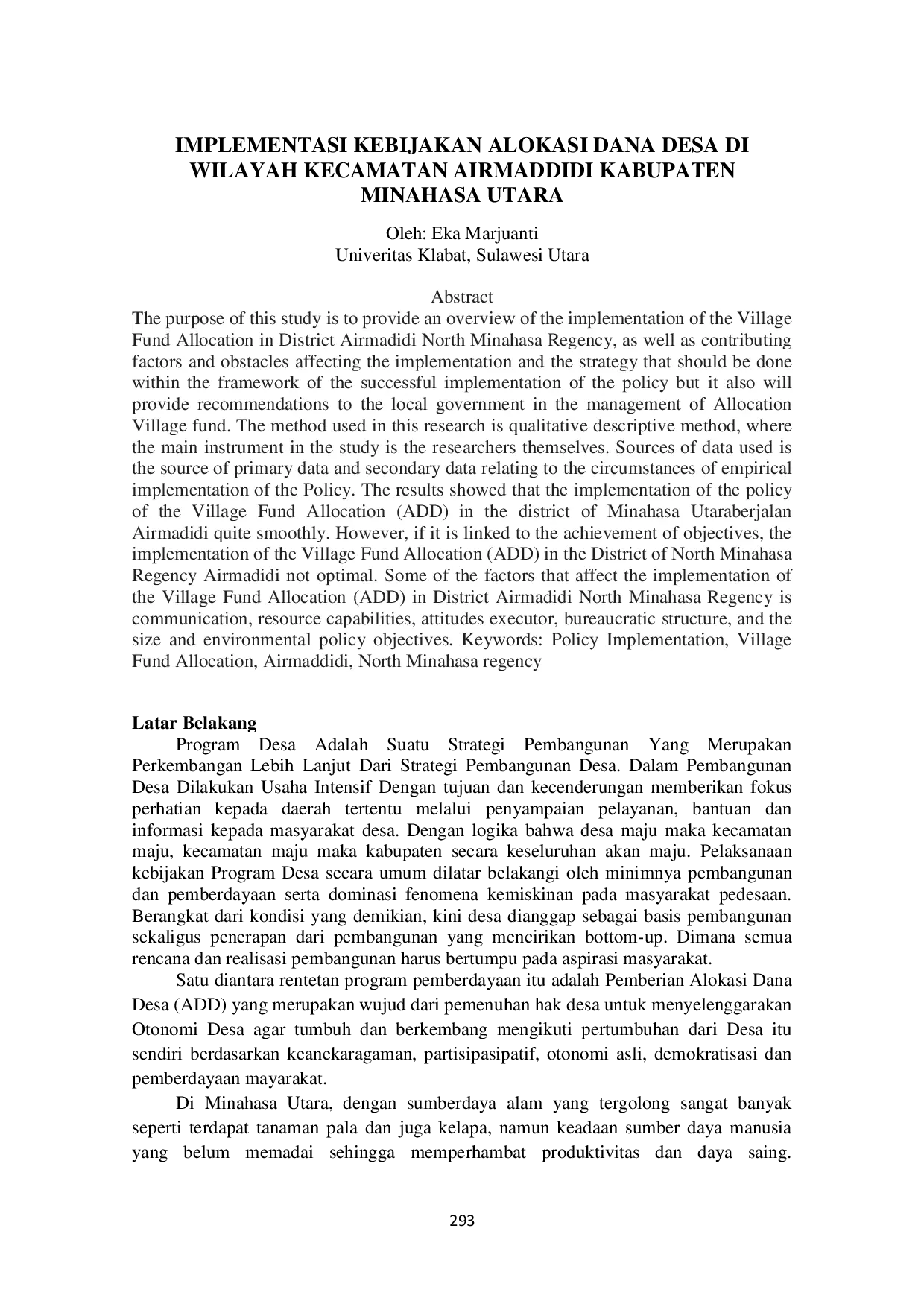 JURIS Implementasi Kebijakan Alokasi Dana Desa di Wilayah Kecamatan Airmadidi Kabupaten Minahasa Utara