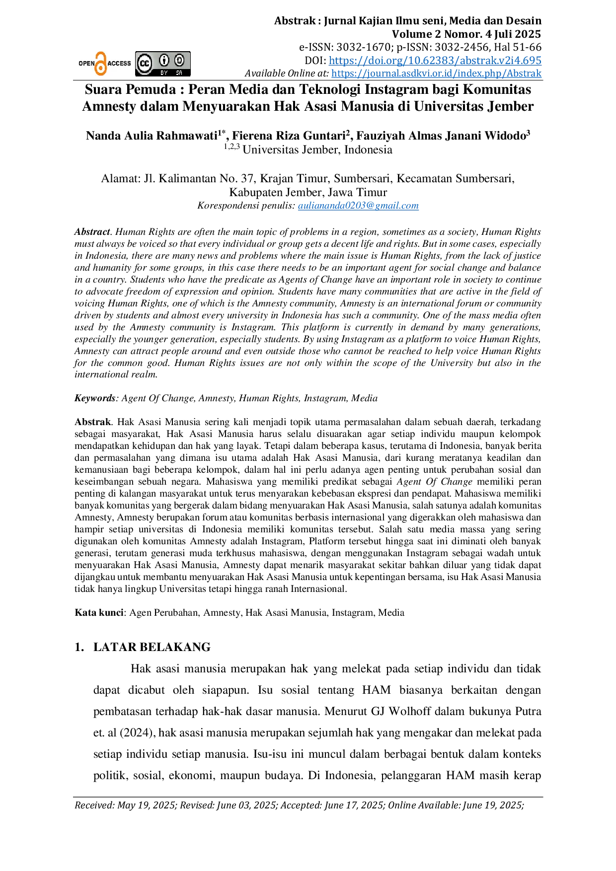 JURIS Suara Pemuda Peran Media dan Teknologi Instagram bagi Komunitas Amnesty dalam Menyuarakan Hak Asasi Manusia di Universitas Jember