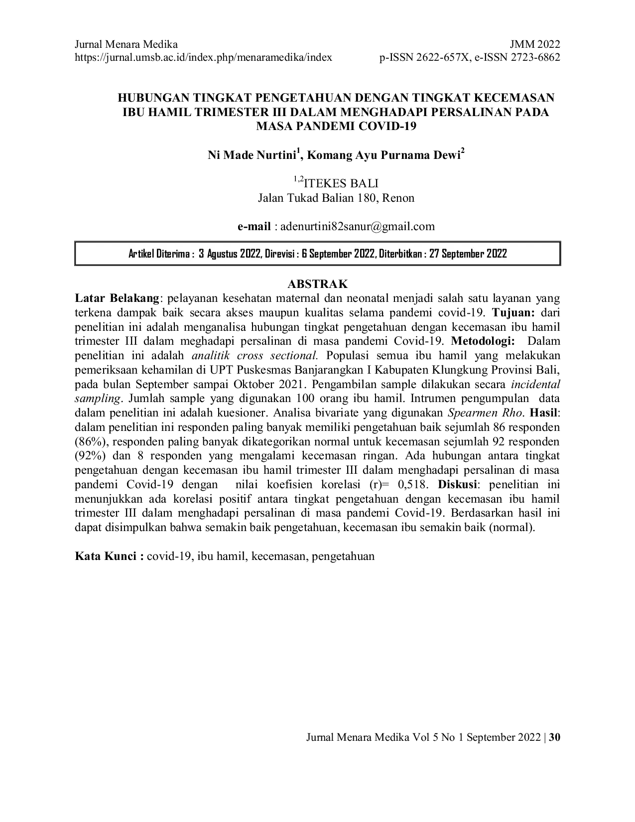 JURIS Hubungan Tingkat Pengetahuan dengan Tingkat Kecemasan Ibu Hamil Trimester III dalam Menghadapi Persalinan pada Masa Pandemi COVID 19