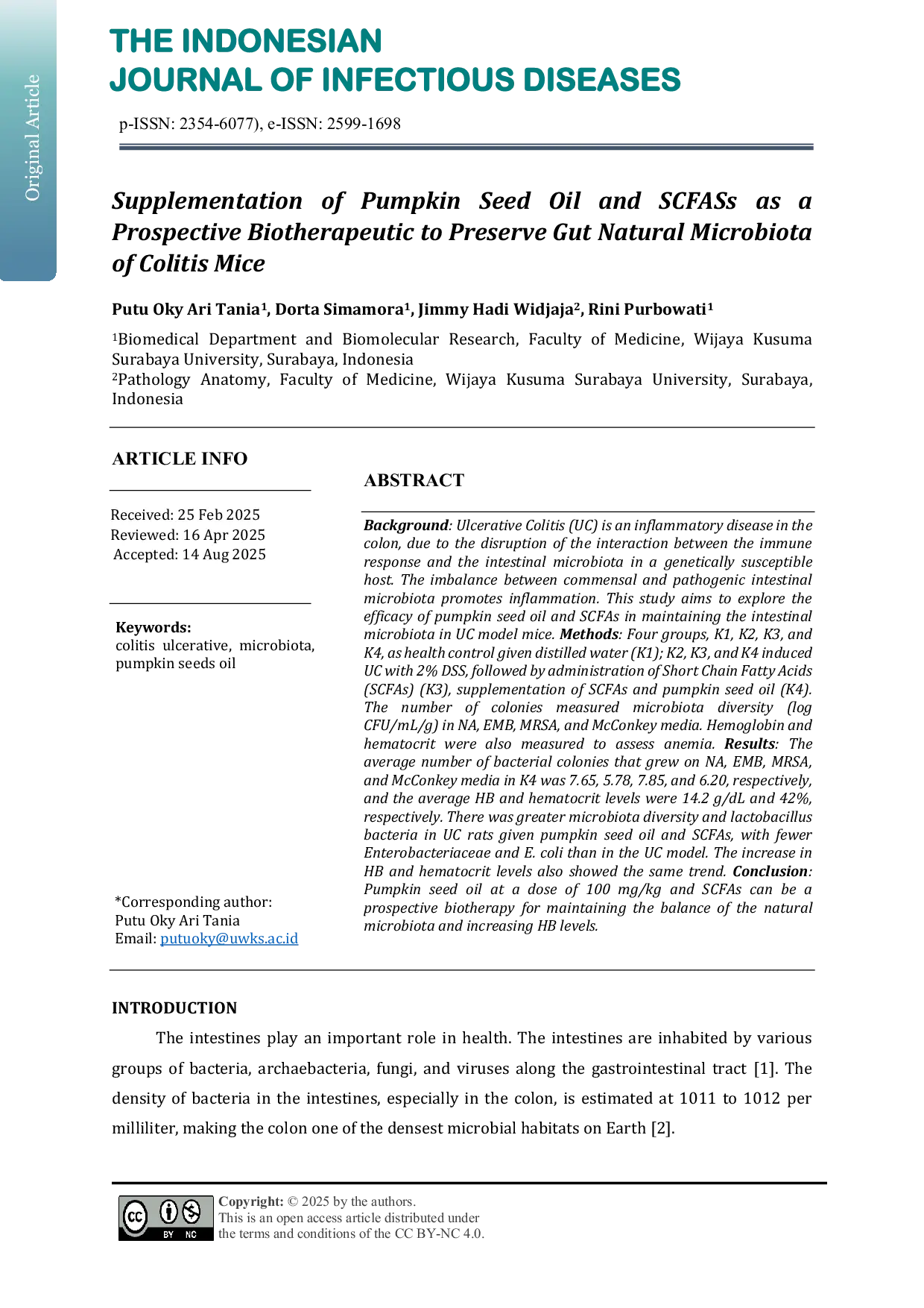JURIS Supplementation of Pumpkin Seed Oil and SCFAs as a Prospective Biotherapeutic to Preserve Gut Natural Microbiota of Colitis Mice