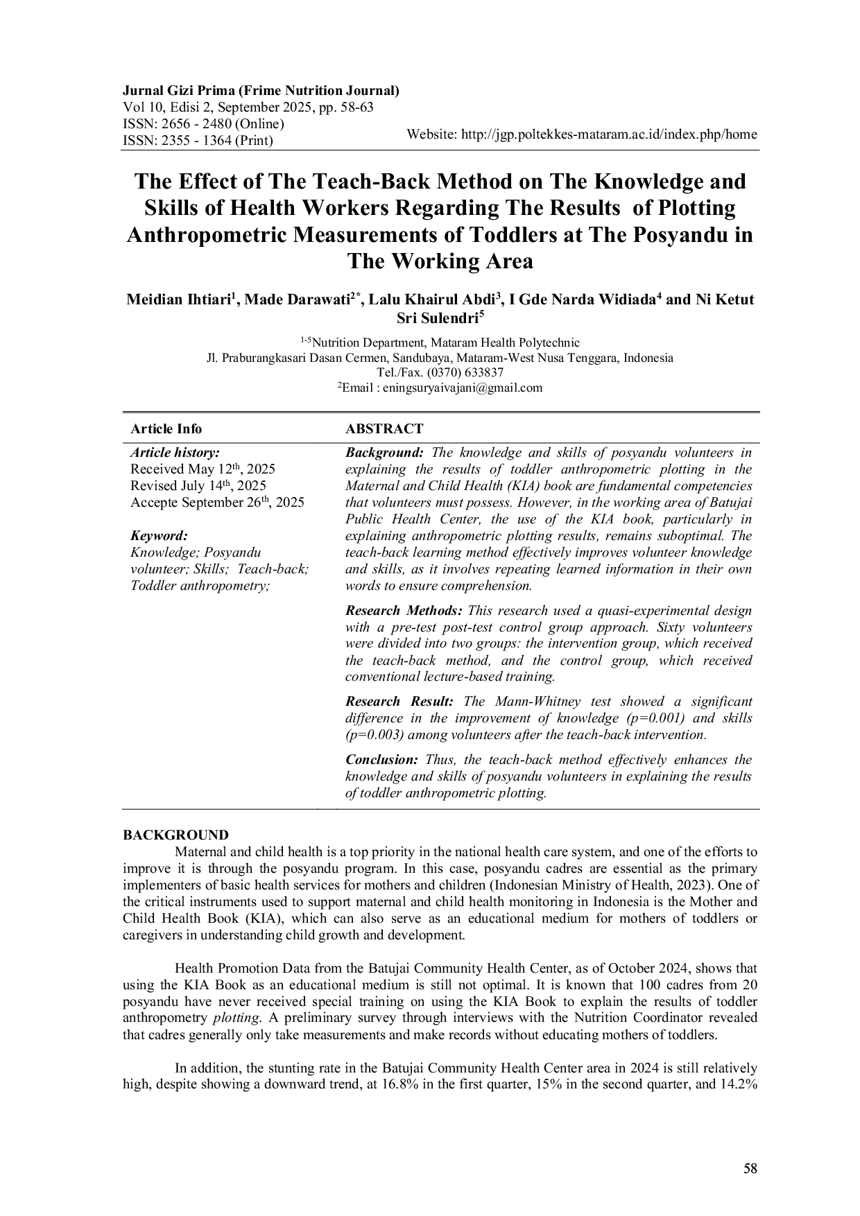 JURIS The Effect of The Teach Back Method on The Knowledge and Skills of Health Workers Regarding The Results of Plotting Anthropometric Measurements of Toddlers at The Posyandu in The Working Area