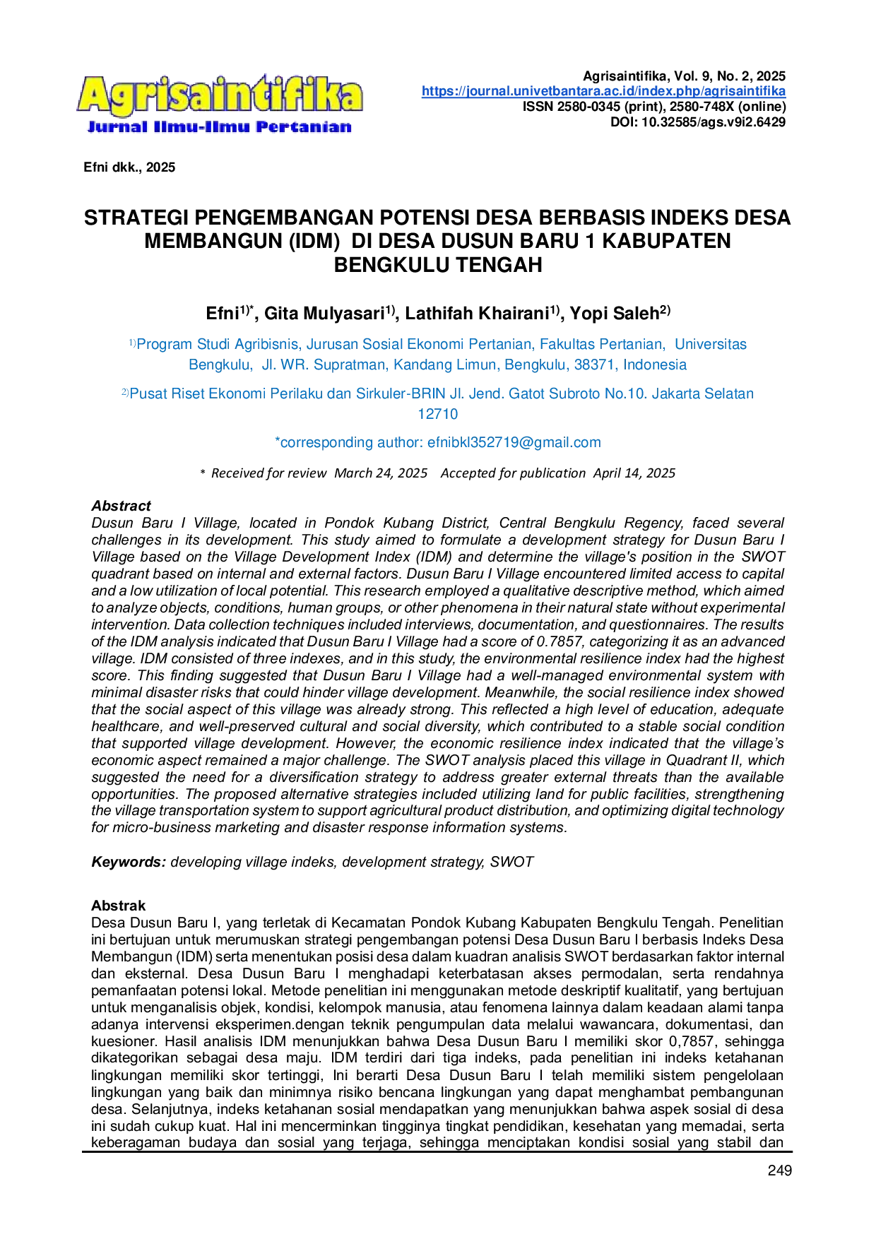 JURIS Strategi Pengembangan Potensi Desa Berbasis Indeks Desa Membangun IDM Di Desa Dusun Baru 1 Kabupaten Bengkulu Tengah