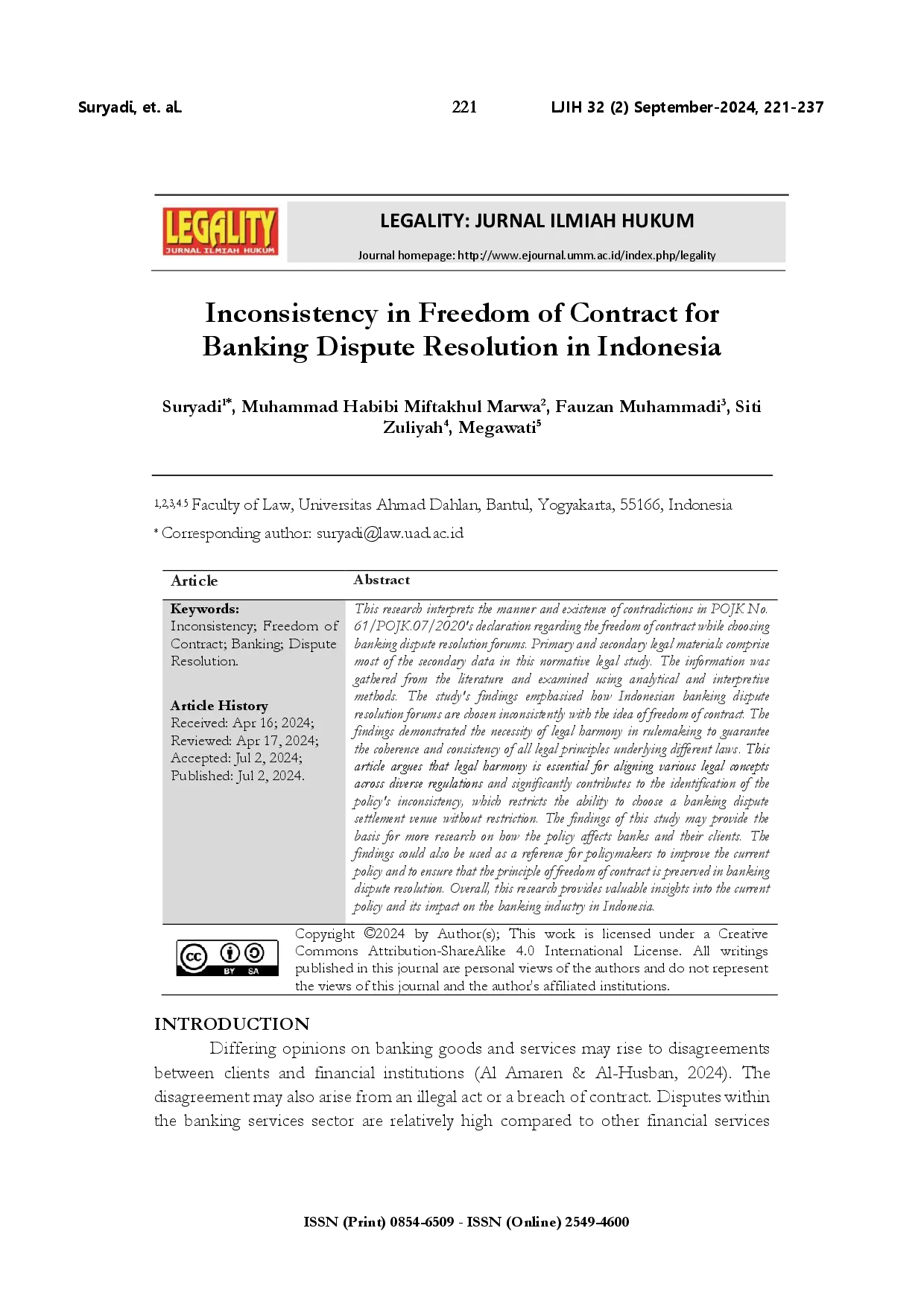 juris Inconsistency in freedom of contract for banking dispute resolution in Indonesia