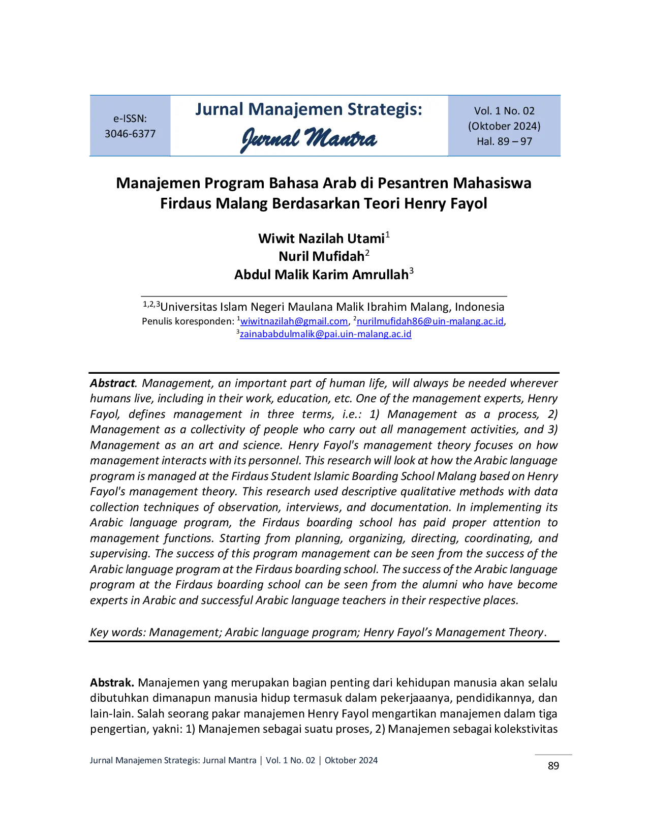 JURIS Manajemen Program Bahasa Arab di Pesantren Mahasiswa Firdaus Malang Berdasarkan Teori Henry Fayol