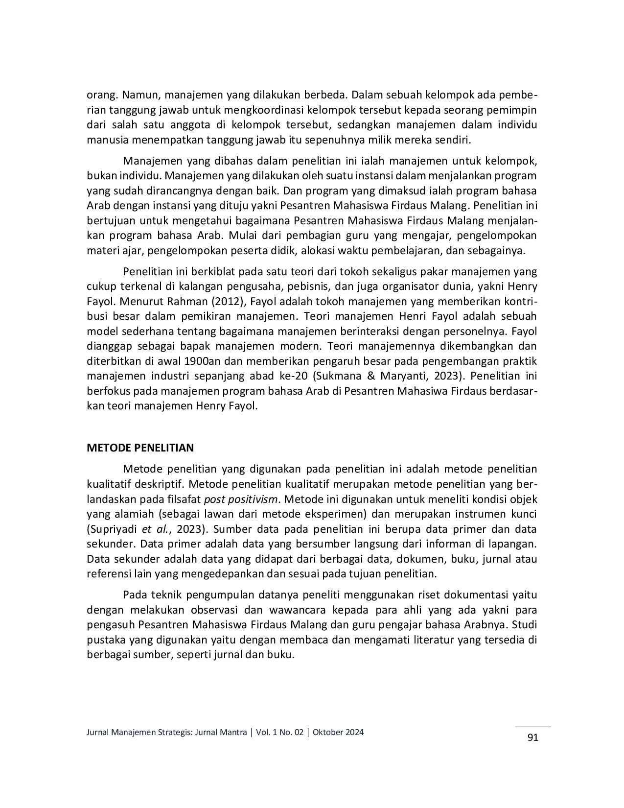 JURIS Manajemen Program Bahasa Arab di Pesantren Mahasiswa Firdaus Malang Berdasarkan Teori Henry Fayol