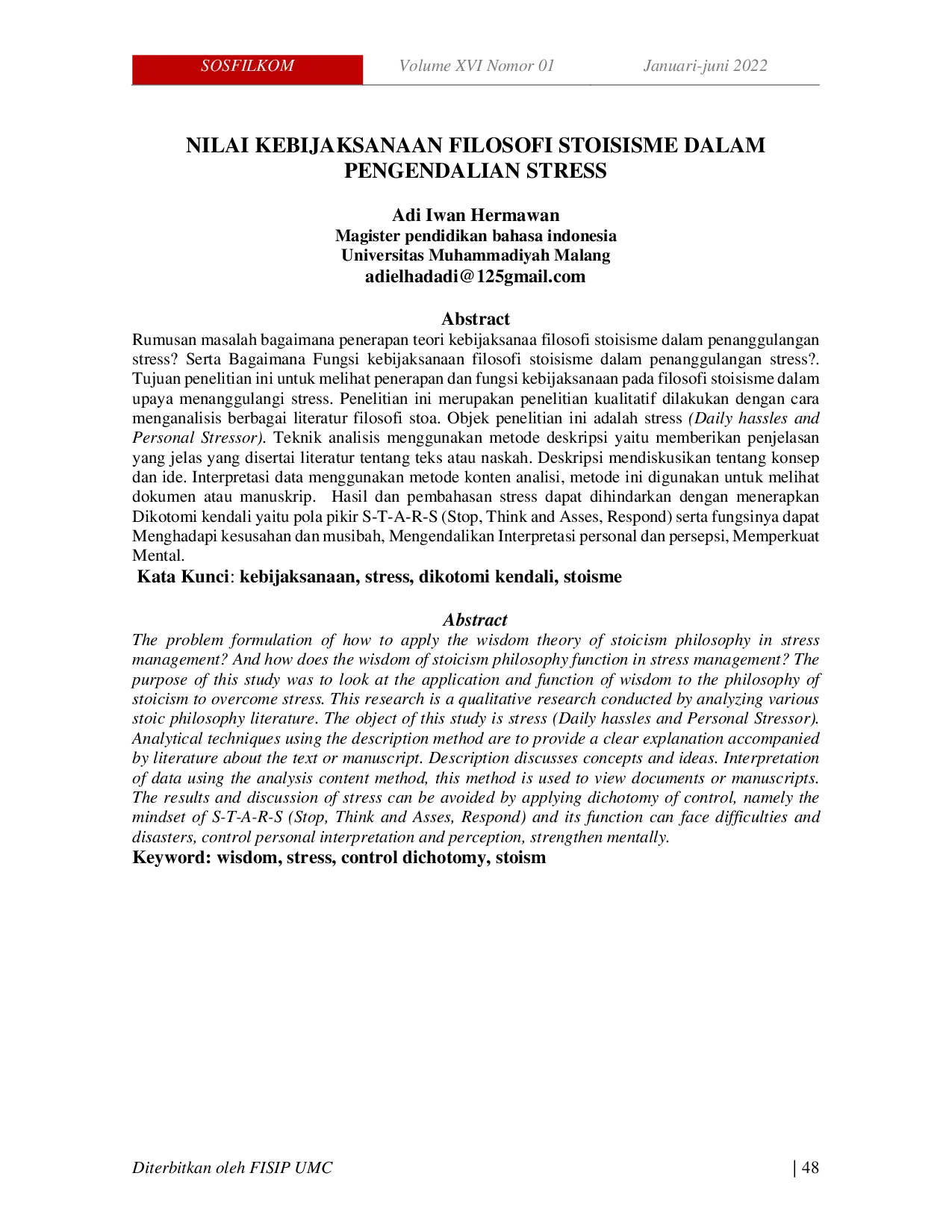 JURIS Nilai Kebijaksanaan Filosofi Stoisisme dalam Pengendalian Stress