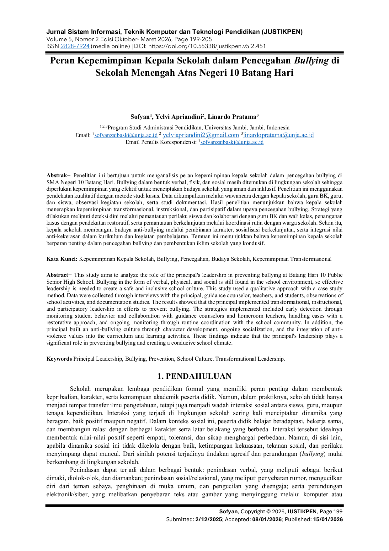 JURIS Peran Kepemimpinan Kepala Sekolah dalam Pencegahan Bullying di Sekolah Menengah Atas Negeri 10 Batang Hari