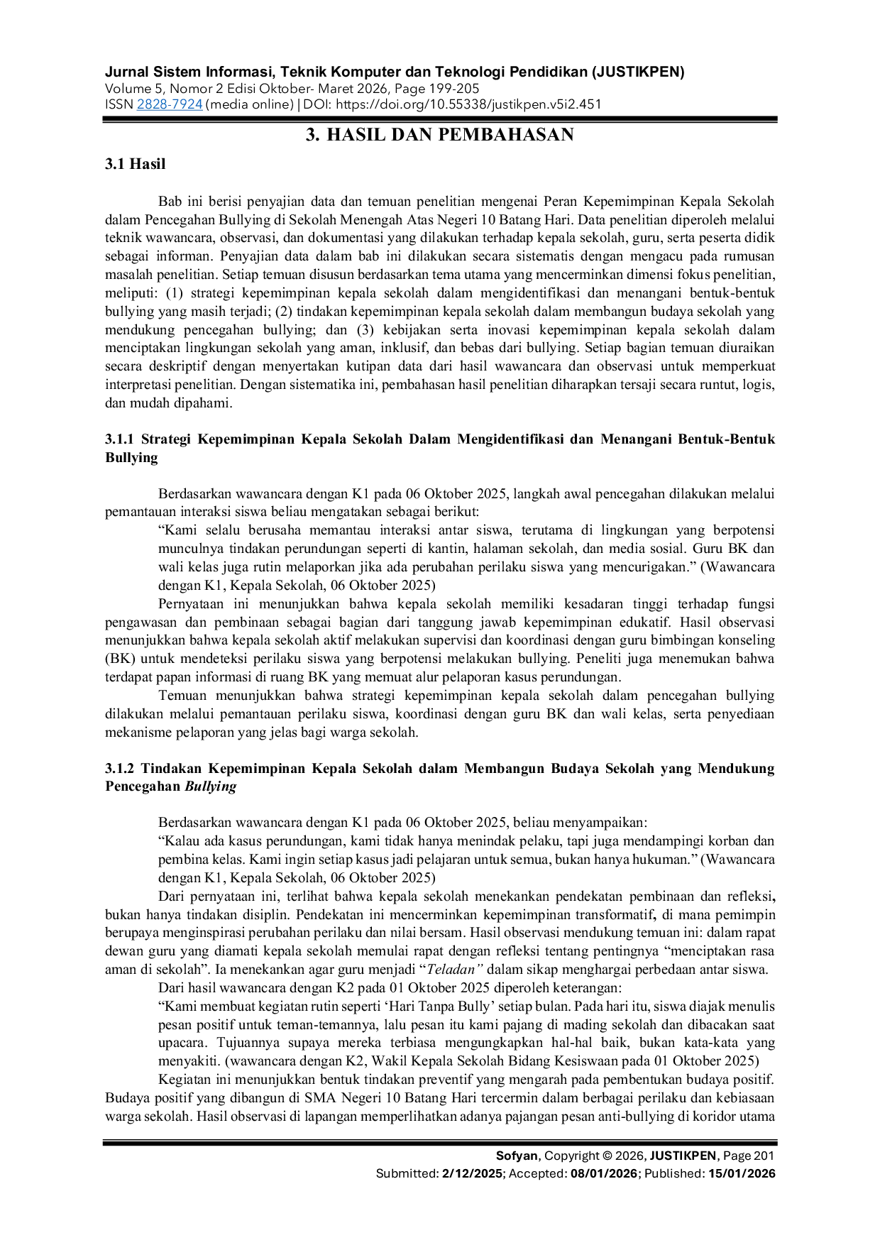 JURIS Peran Kepemimpinan Kepala Sekolah dalam Pencegahan Bullying di Sekolah Menengah Atas Negeri 10 Batang Hari