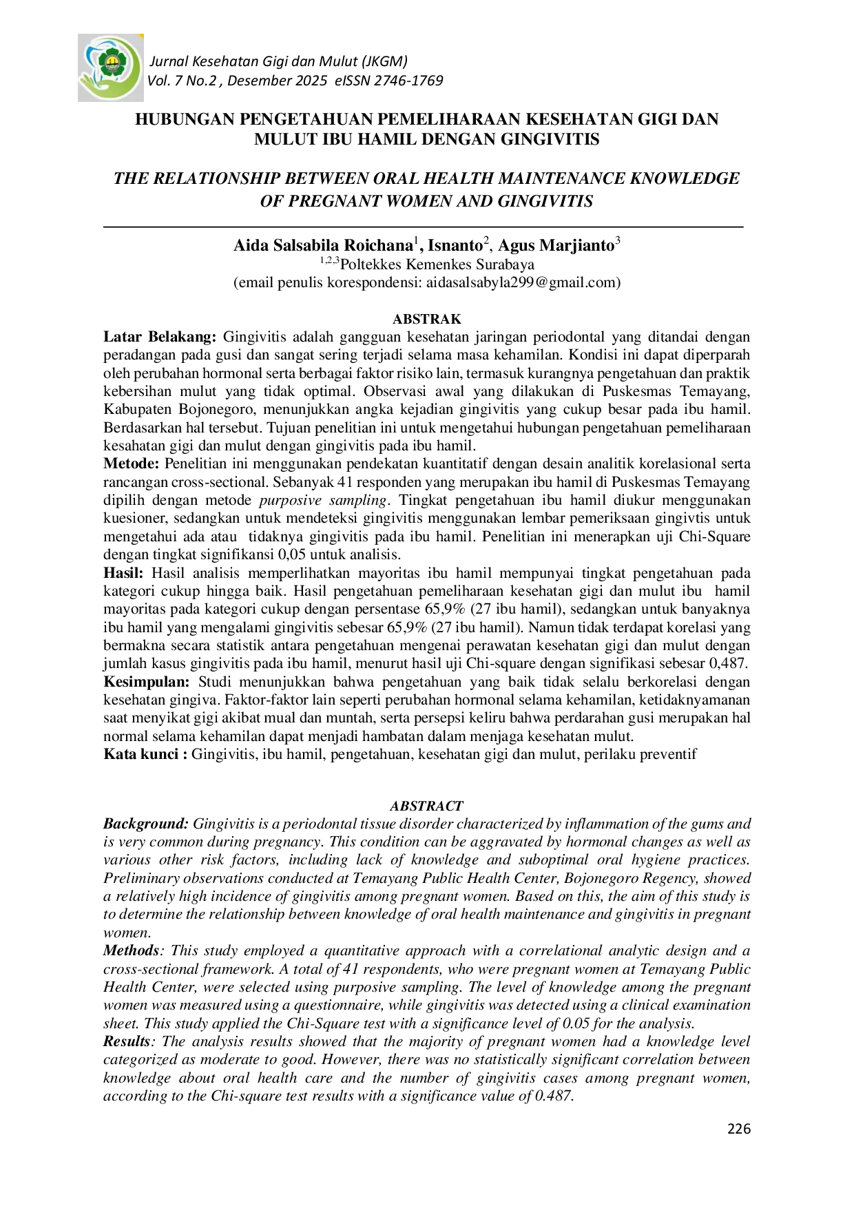 JURIS Hubungan Pengetahuan Pemeliharaan Kesehatan Gigi Dan Mulut Ibu Hamil Dengan Gingivitis