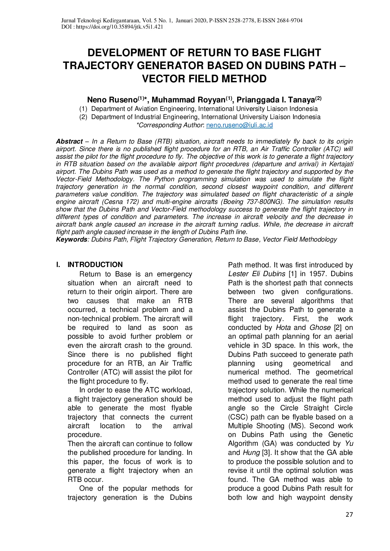 JURIS Development of Return to Base Flight Trajectory Generator Based on Dubins Path Vector Field Method