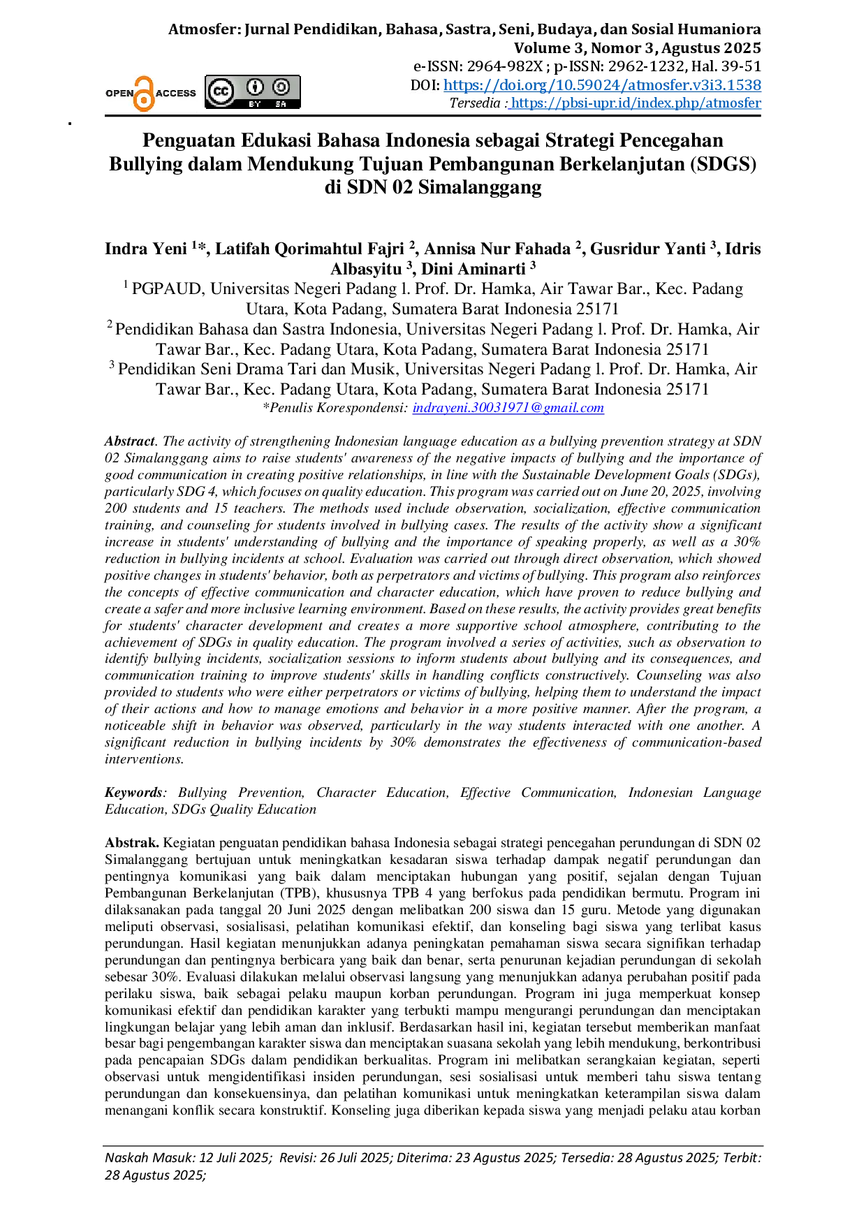 juris Penguatan Edukasi Bahasa Indonesia sebagai Strategi Pencegahan Bullying dalam Mendukung Tujuan Pembangunan Berkelanjutan SDGS di SDN 02 Simalanggang