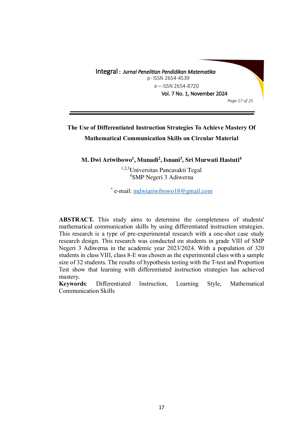 JURIS The Use of Differentiated Instruction Strategies To Achieve Mastery Of Mathematical Communication Skills on Circular Material