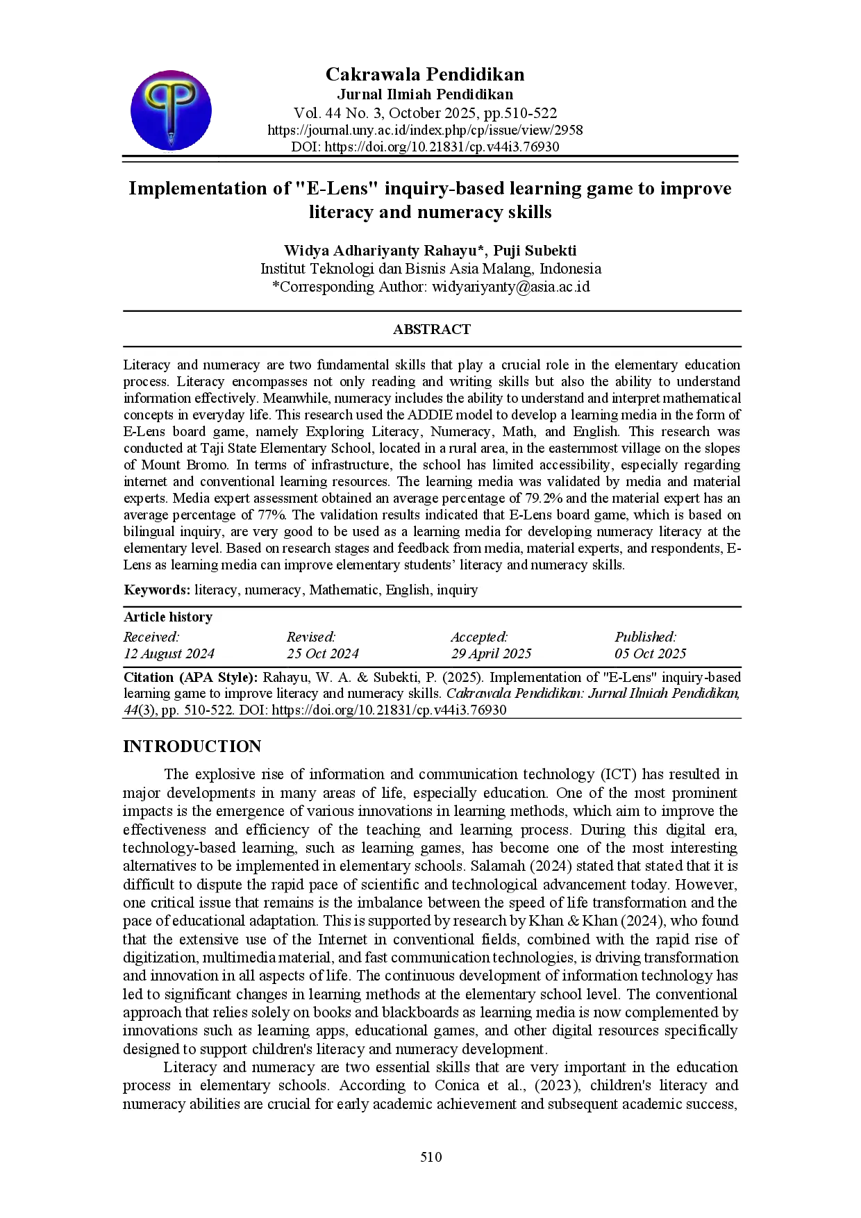 juris Implementation of E Lens inquiry based learning game to improve literacy and numeracy skills