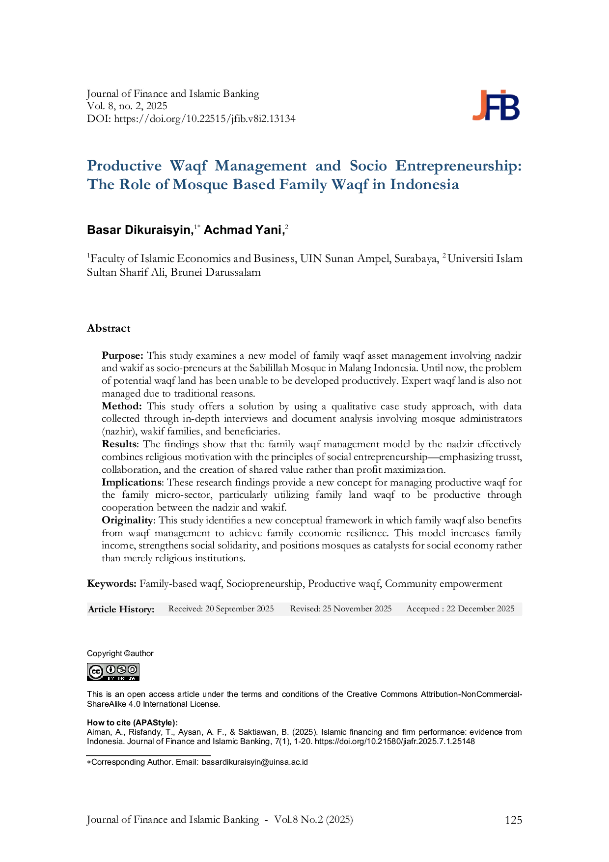 JURIS Productive Waqf Management and Socio Entrepreneurship The Role of Mosque Based Family Waqf in Indonesia