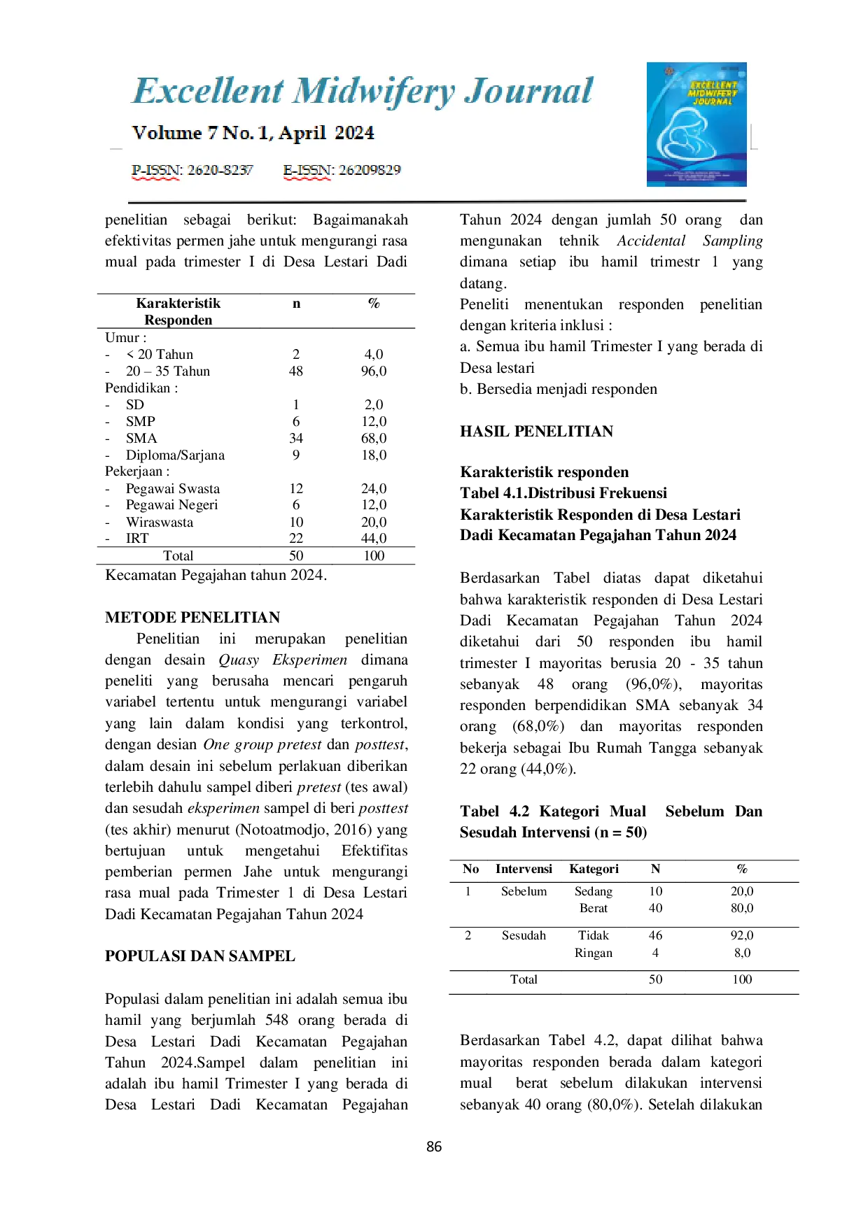 JURIS Efektivitas Permen Jahe Untuk Mengurangi Rasa Mual Pada Trimester I Di Desa Lestari Dadi Kecamatan Pegajahan Tahun 2024