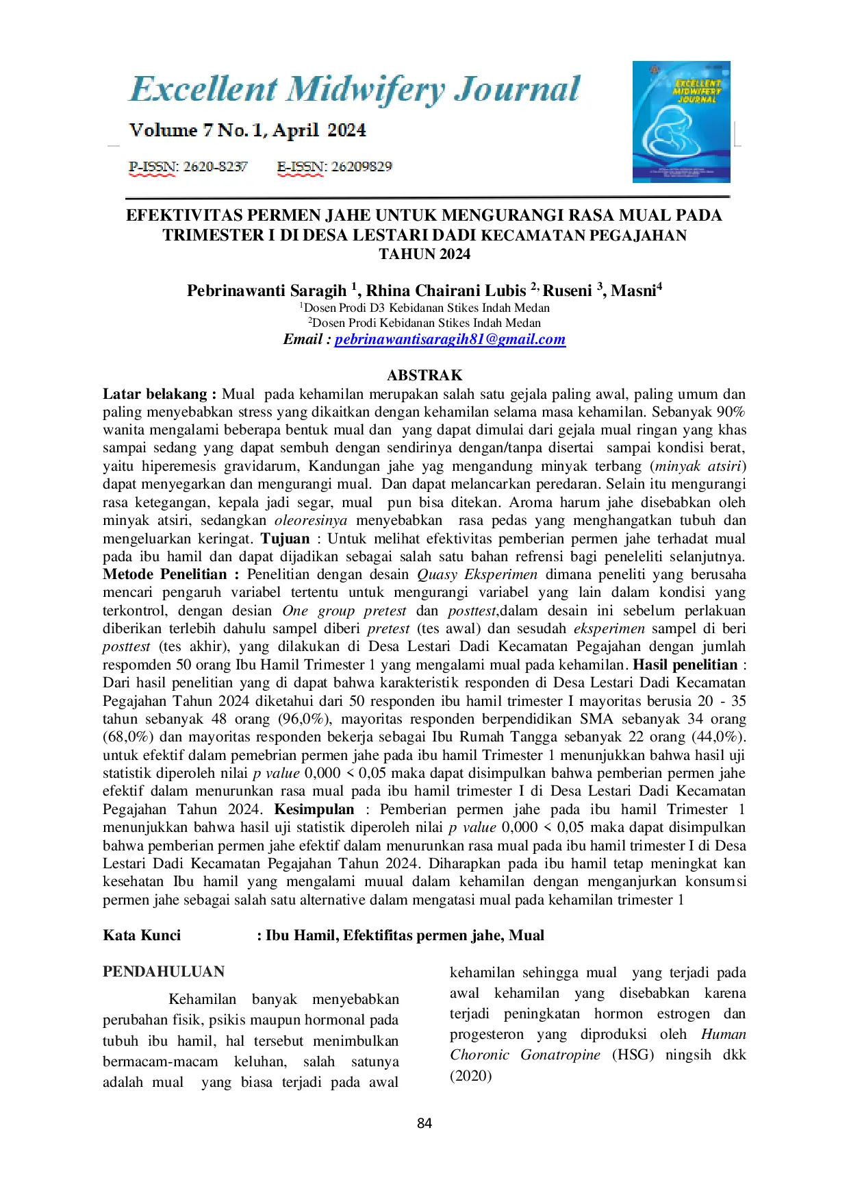 JURIS Efektivitas Permen Jahe Untuk Mengurangi Rasa Mual Pada Trimester I Di Desa Lestari Dadi Kecamatan Pegajahan Tahun 2024