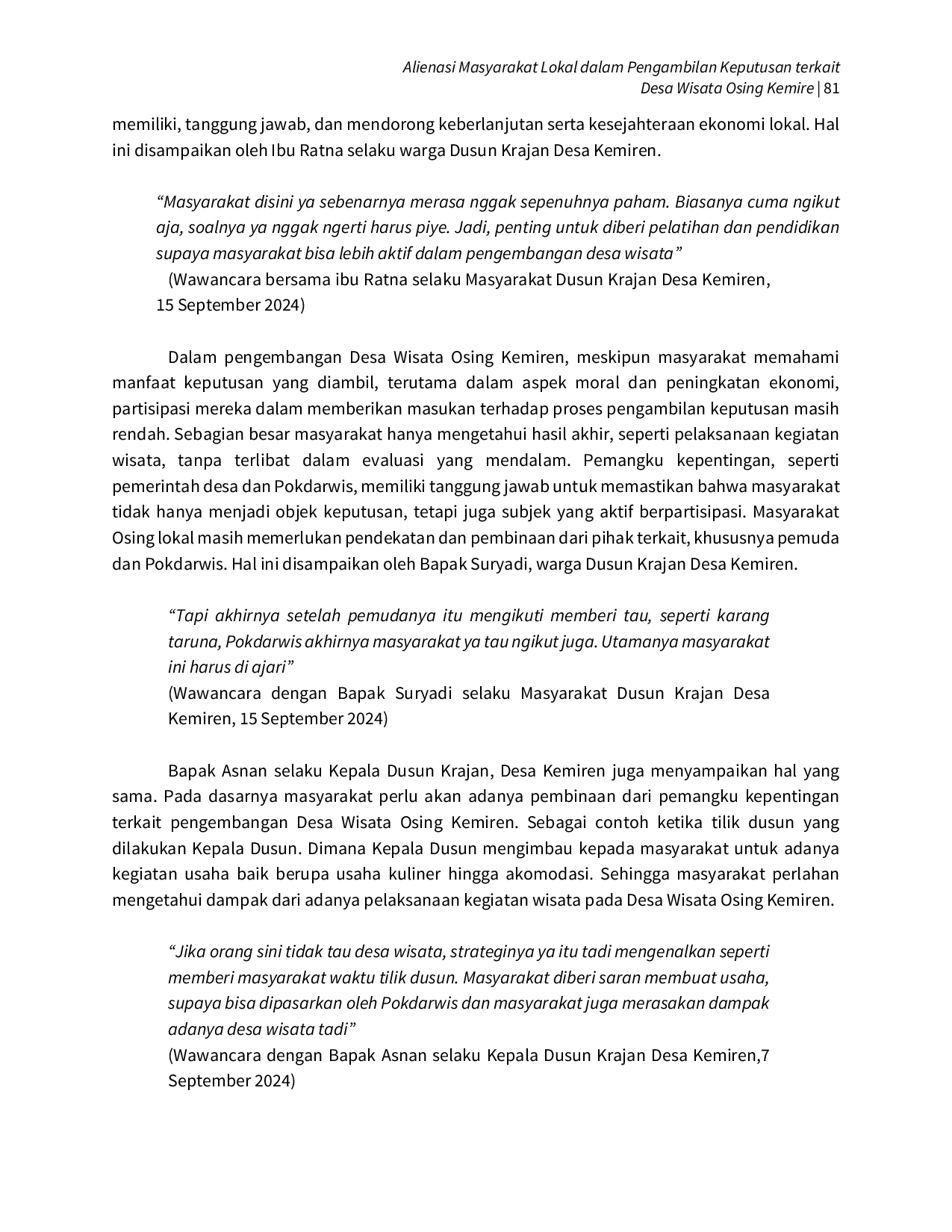JURIS Alienasi Masyarakat Lokal dalam Pengambilan Keputusan terkait Desa Wisata Osing Kemiren