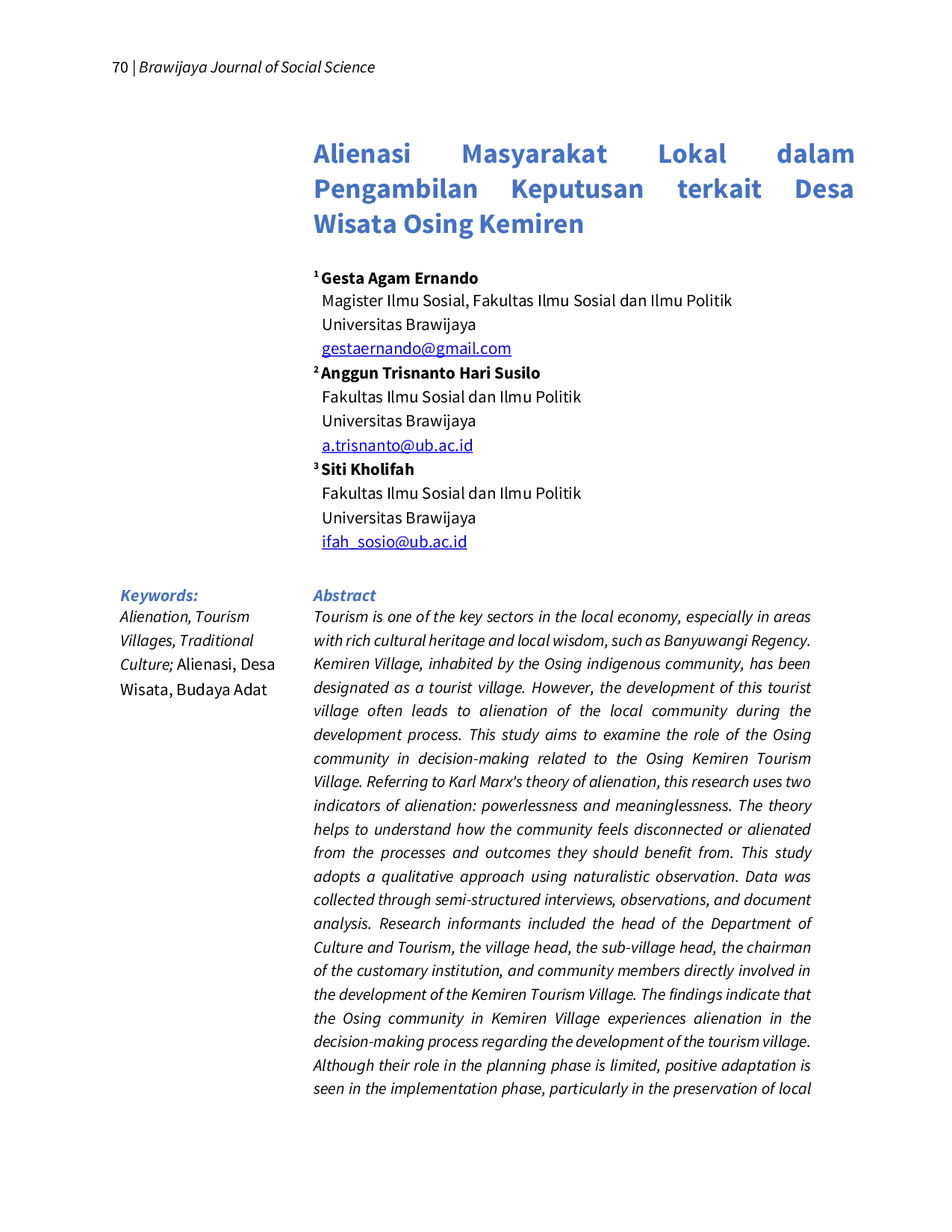 JURIS Alienasi Masyarakat Lokal dalam Pengambilan Keputusan terkait Desa Wisata Osing Kemiren