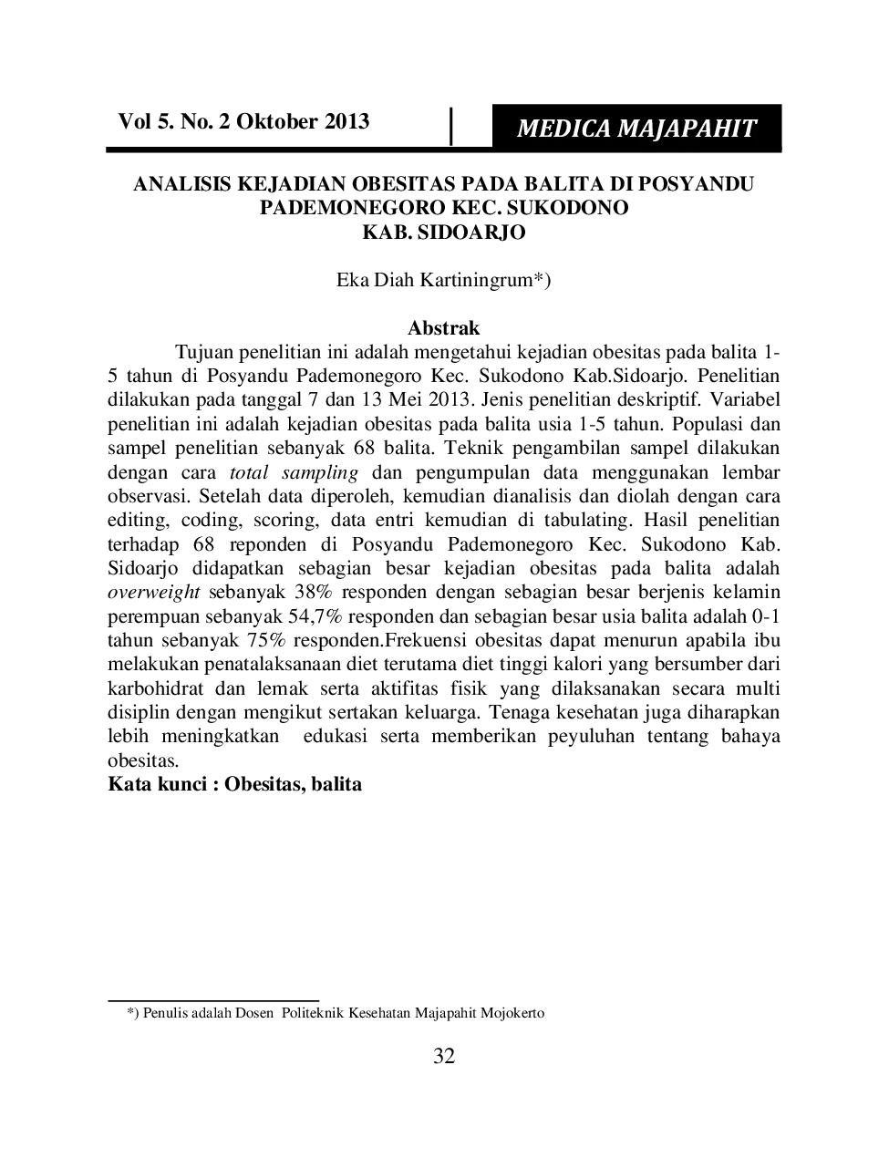 juris Analisis Kejadian Obesitas Pada Balita Di Posyandu Pademonegoro Kec Sukodono Kab Sidoarjo