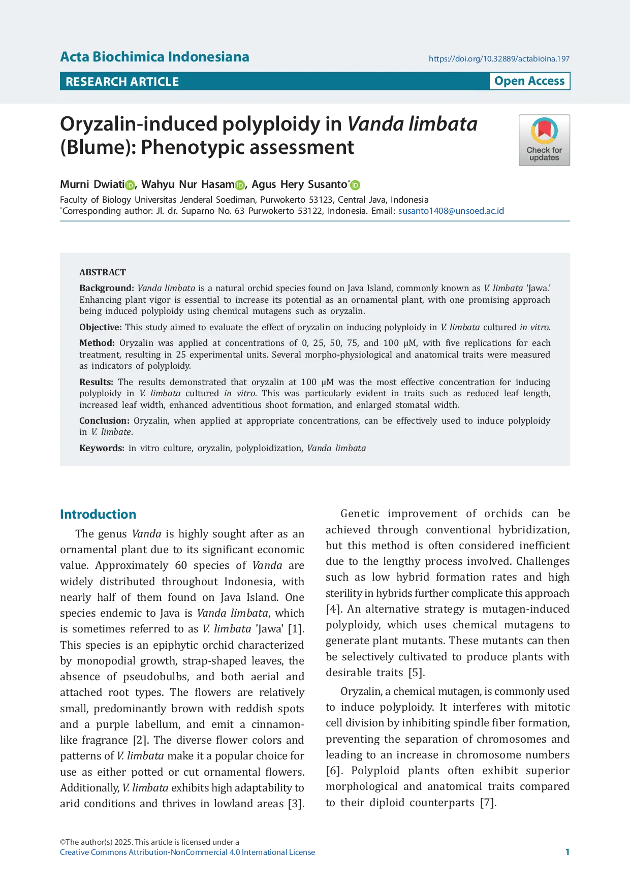 JURIS Oryzalin Induced Polyploidy In Vanda Limbata Blume Phenotypic Assessment