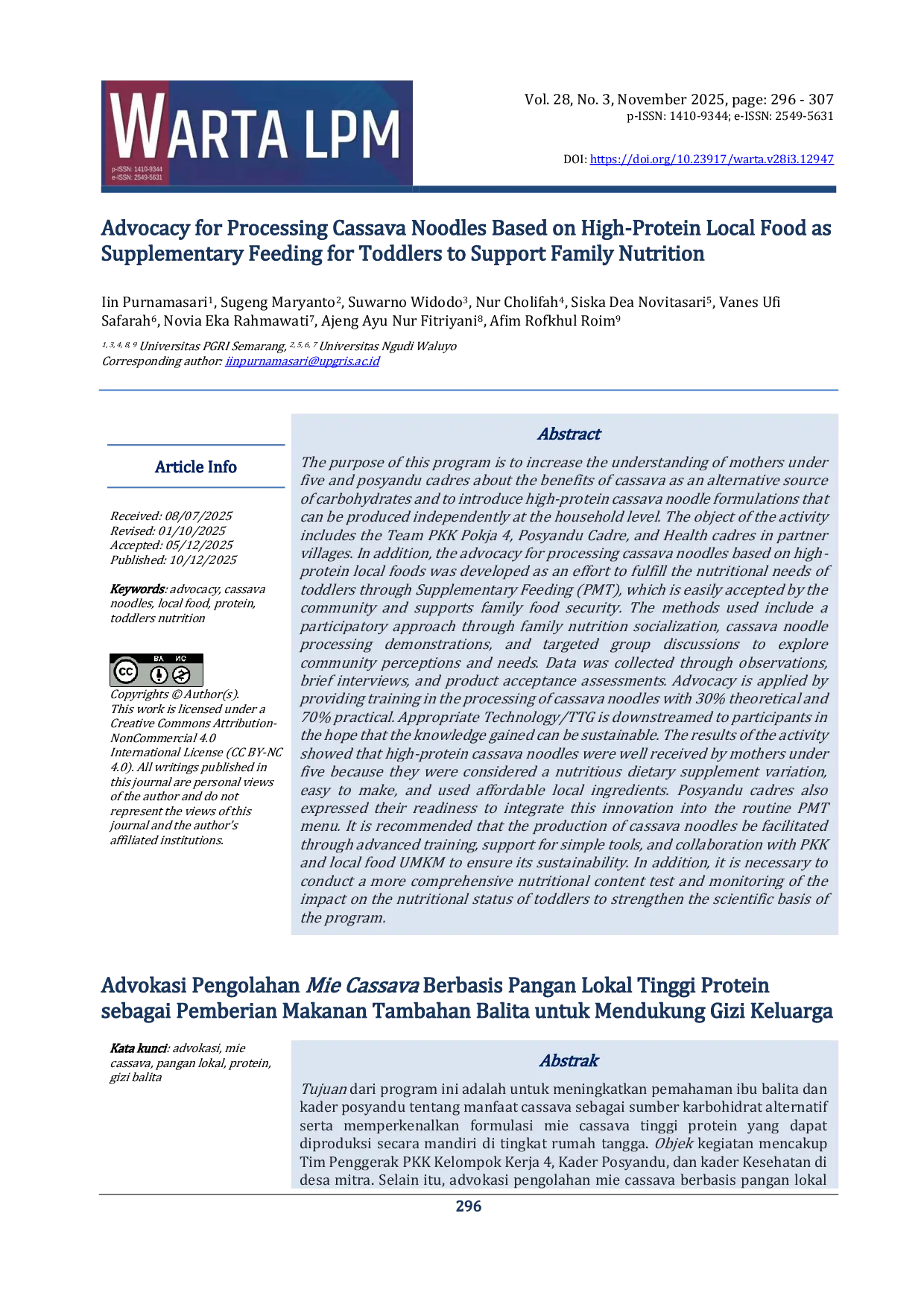 JURIS Advocacy for Processing Cassava Noodles Based on High Protein Local Food as Supplementary Feeding for Toddlers to Support Family Nutrition