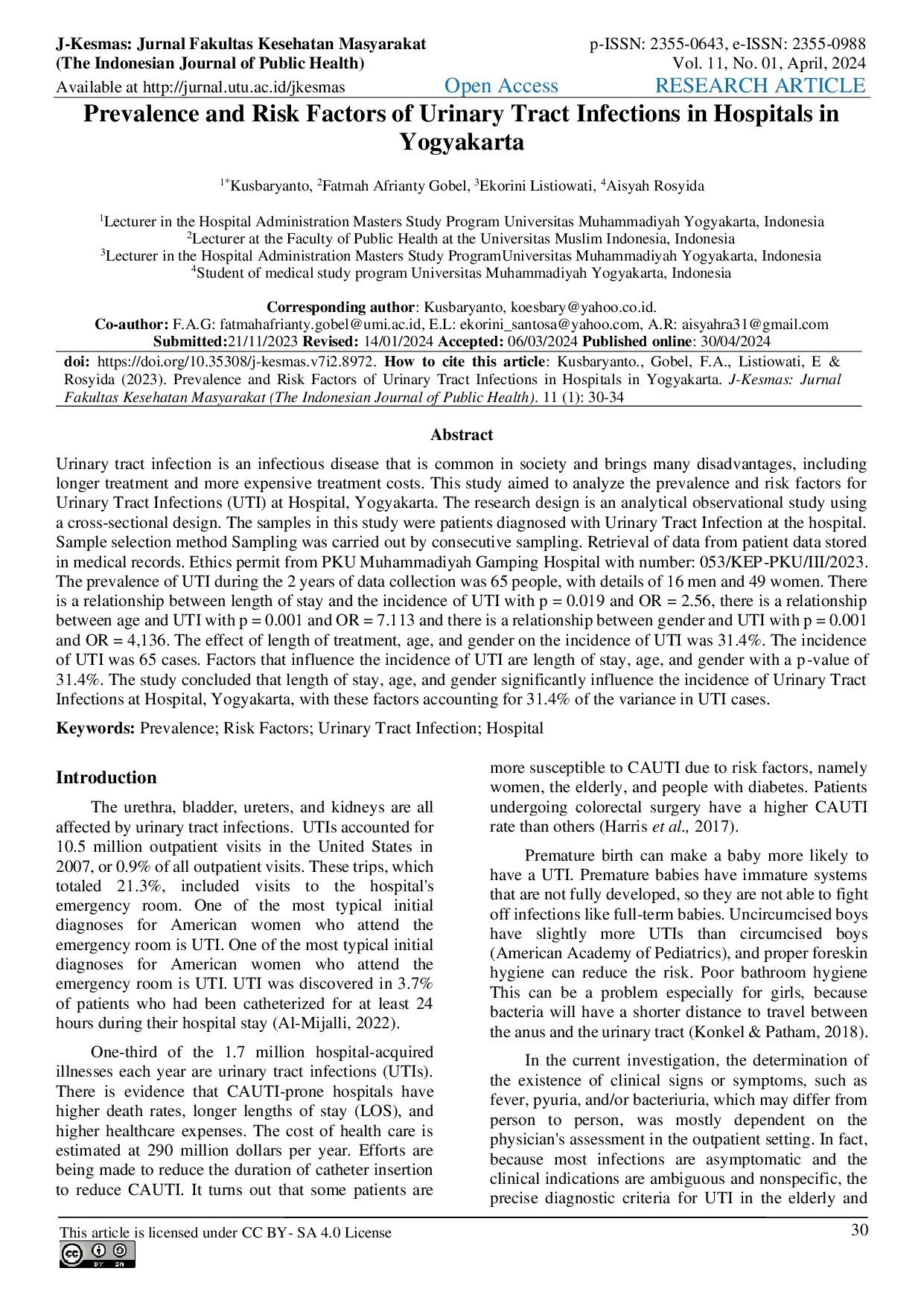 JURIS Prevalence and Risk Factors of Urinary Tract Infections in Hospitals in Yogyakarta