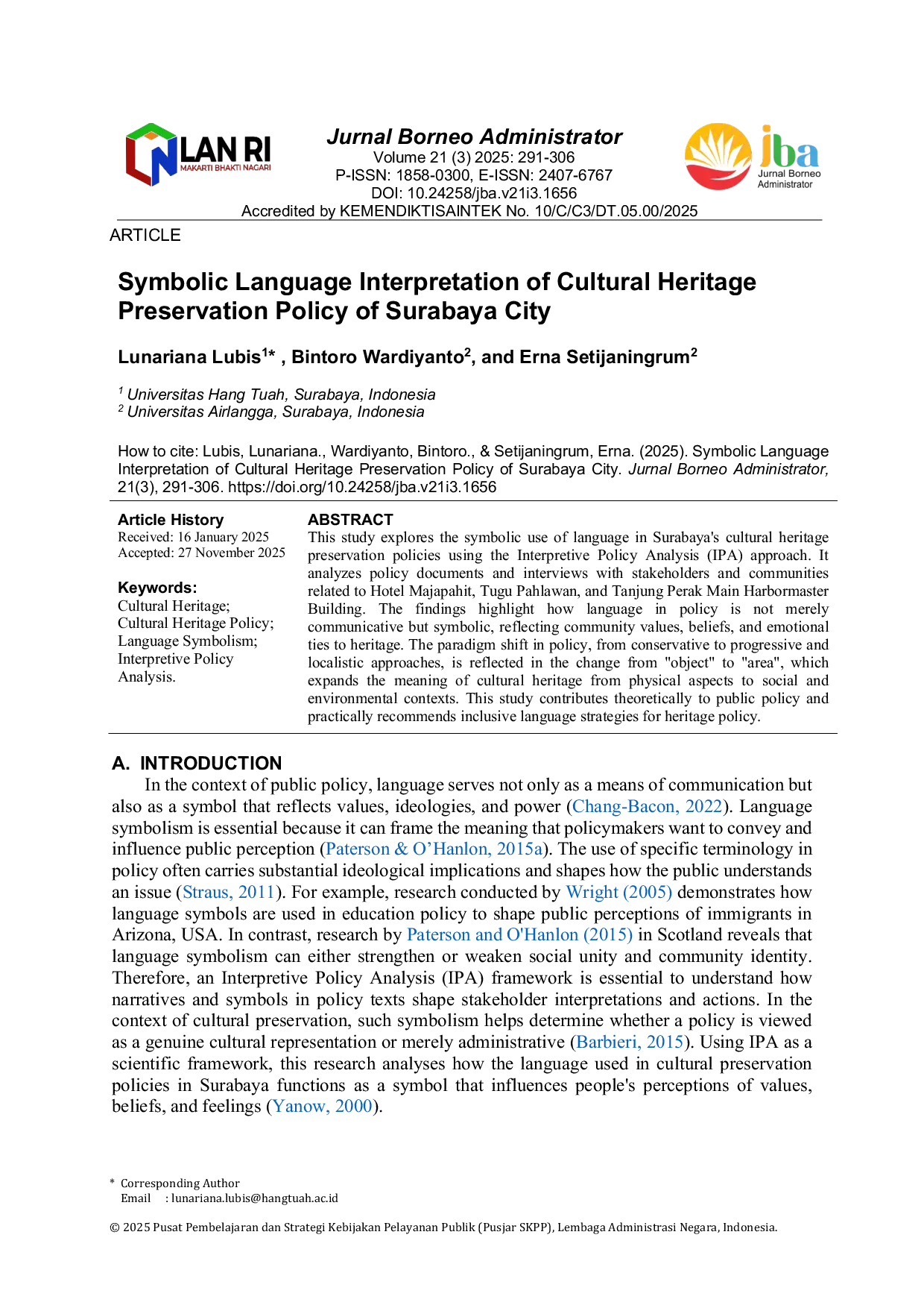 JURIS Symbolic Language Interpretation of Cultural Heritage Preservation Policy of Surabaya City