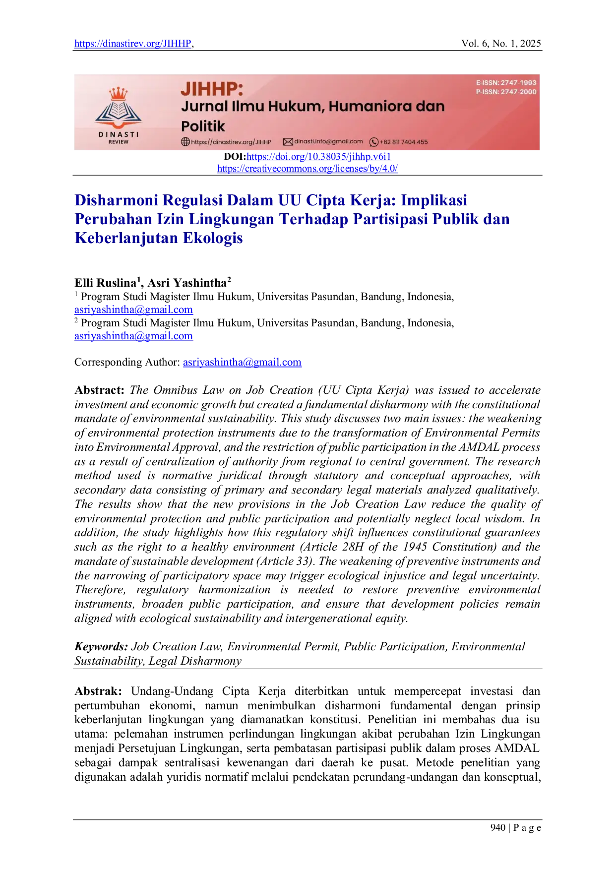 JURIS Disharmoni Regulasi Dalam UU Cipta Kerja Implikasi Perubahan Izin Lingkungan Terhadap Partisipasi Publik dan Keberlanjutan Ekologis