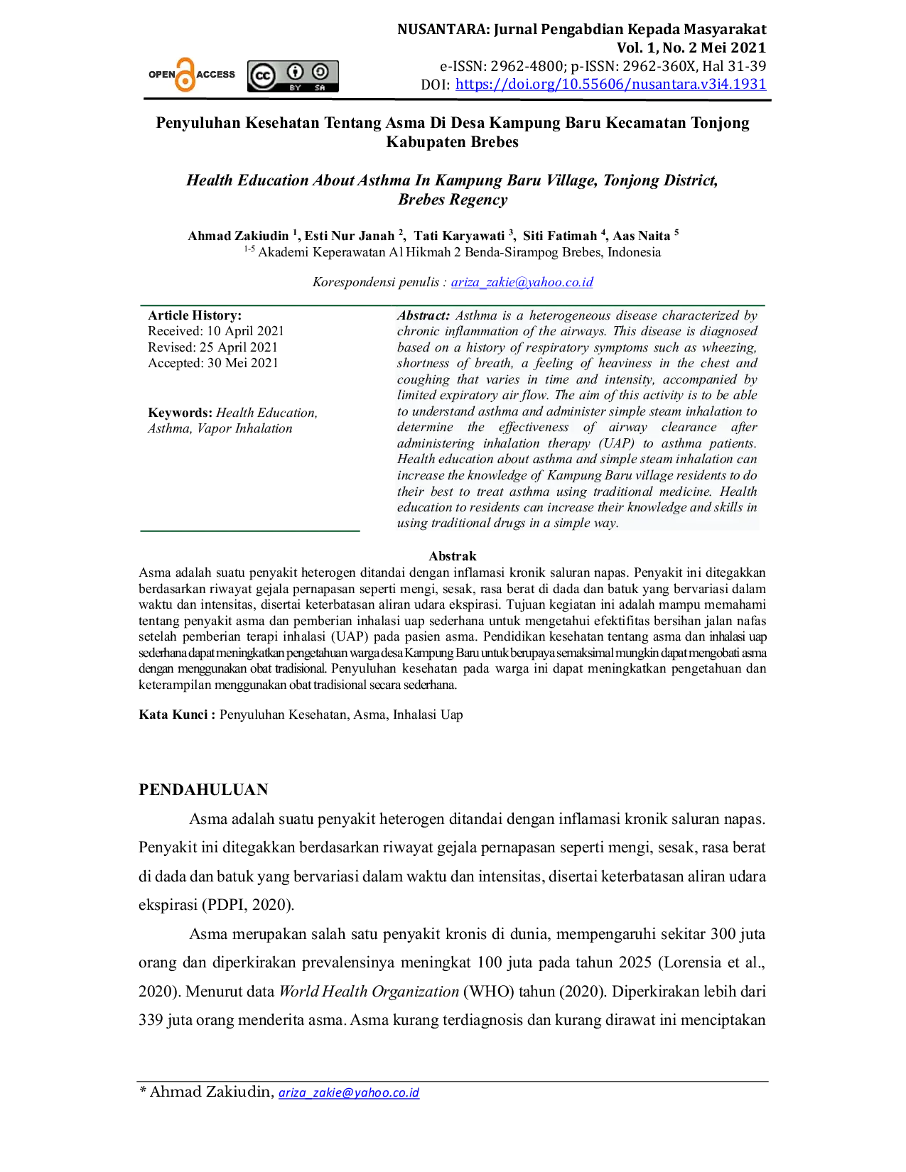 JURIS Penyuluhan Kesehatan Tentang Asma Di Desa Kampung Baru Kecamatan Tonjong Kabupaten Brebes