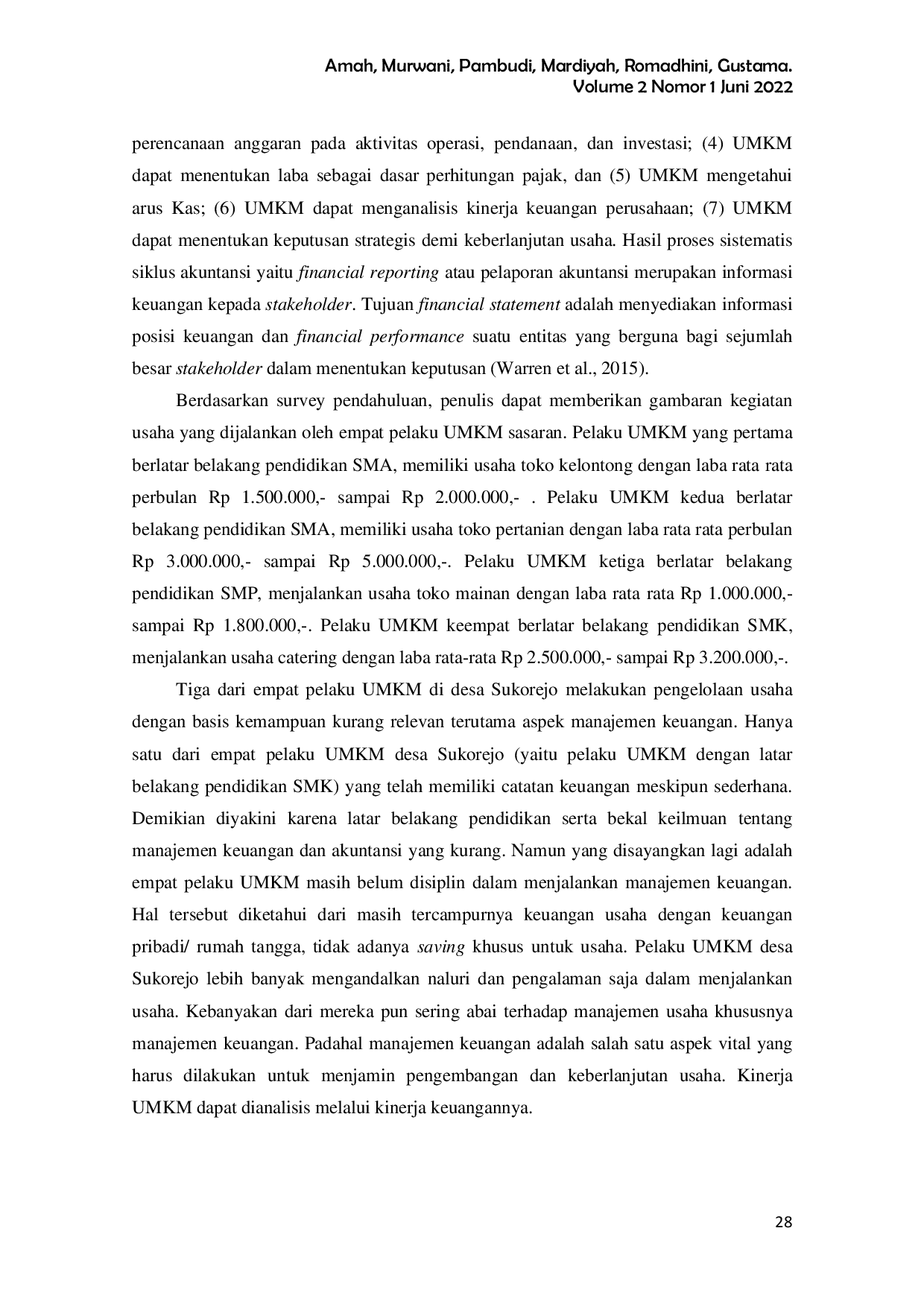 JURIS Pelatihan dan Pendampingan Manajemen Keuangan UMKM di Desa Sukorejo Kecamatan Saradan Kabupaten Madiun