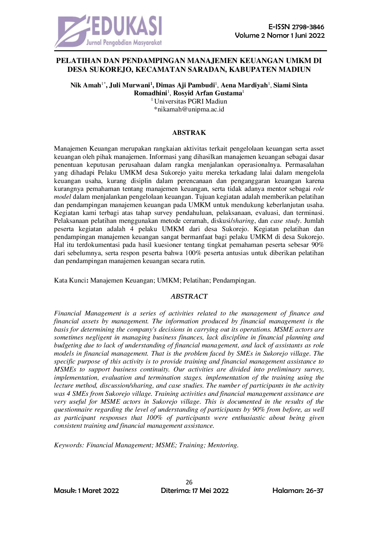 JURIS Pelatihan dan Pendampingan Manajemen Keuangan UMKM di Desa Sukorejo Kecamatan Saradan Kabupaten Madiun