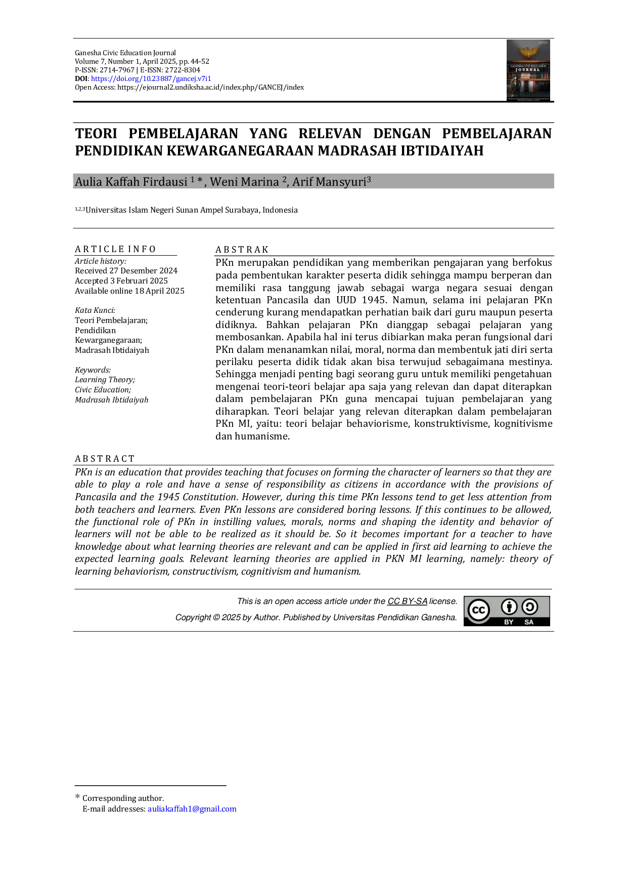 JURIS Teori Pembelajaran Yang Relevan Dengan Pembelajaran Pendidikan Kewarganegaraan Madrasah Ibtidaiyah