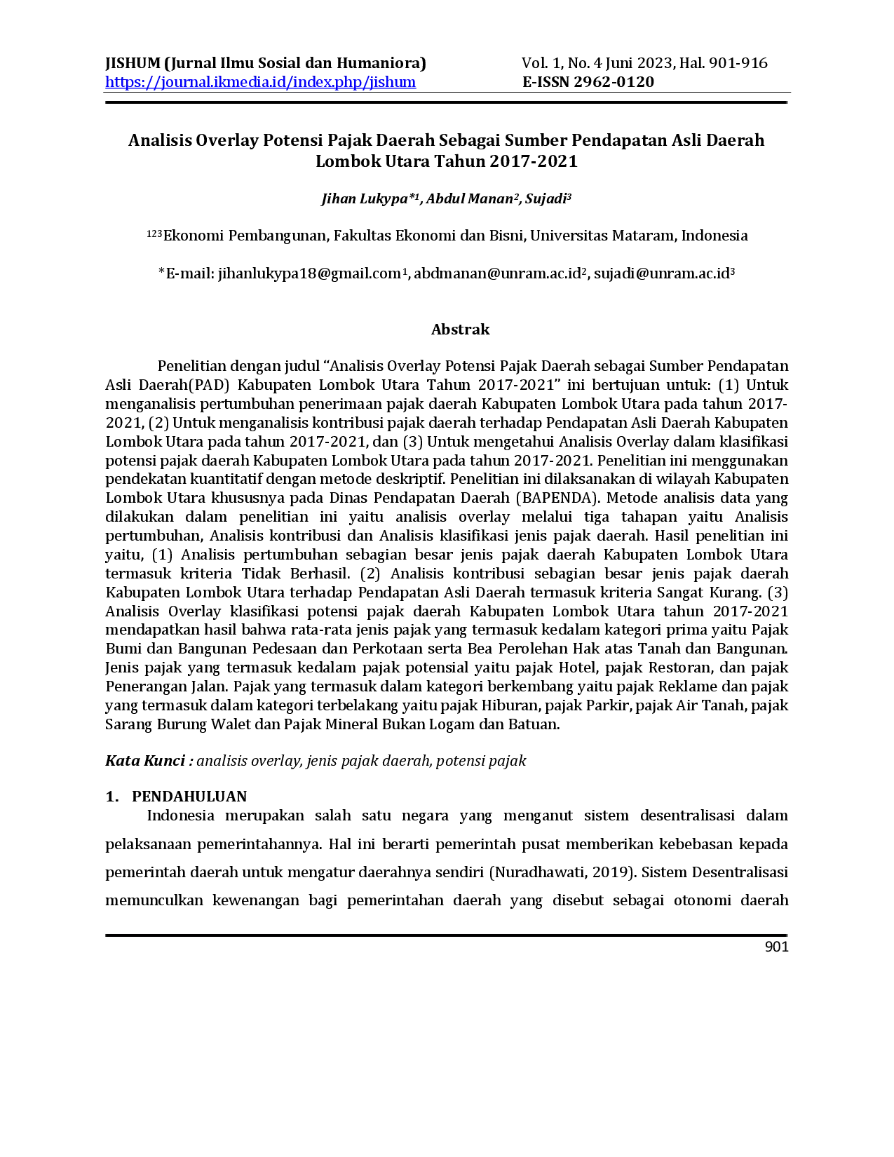 juris Analisis Overlay Potensi Pajak Daerah Sebagai Sumber Pendapatan Asli Daerah Lombok Utara Tahun 2017 2021