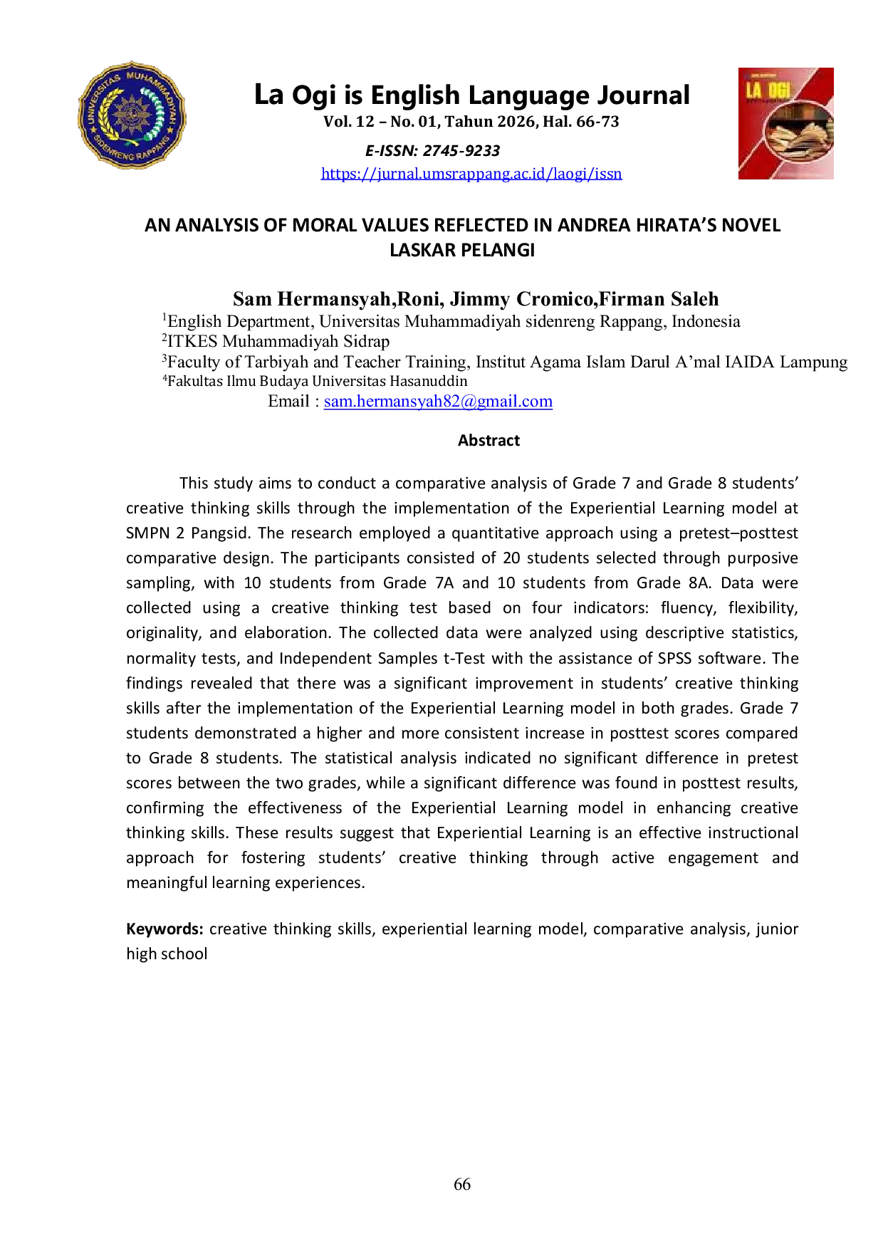 JURIS A COMPARATIVE ANALYSIS OF GRADE 7 AND GRADE 8 STUDENTS CREATIVE THINKING SKILLS USING THE EXPERIENTIAL LEARNING MODEL