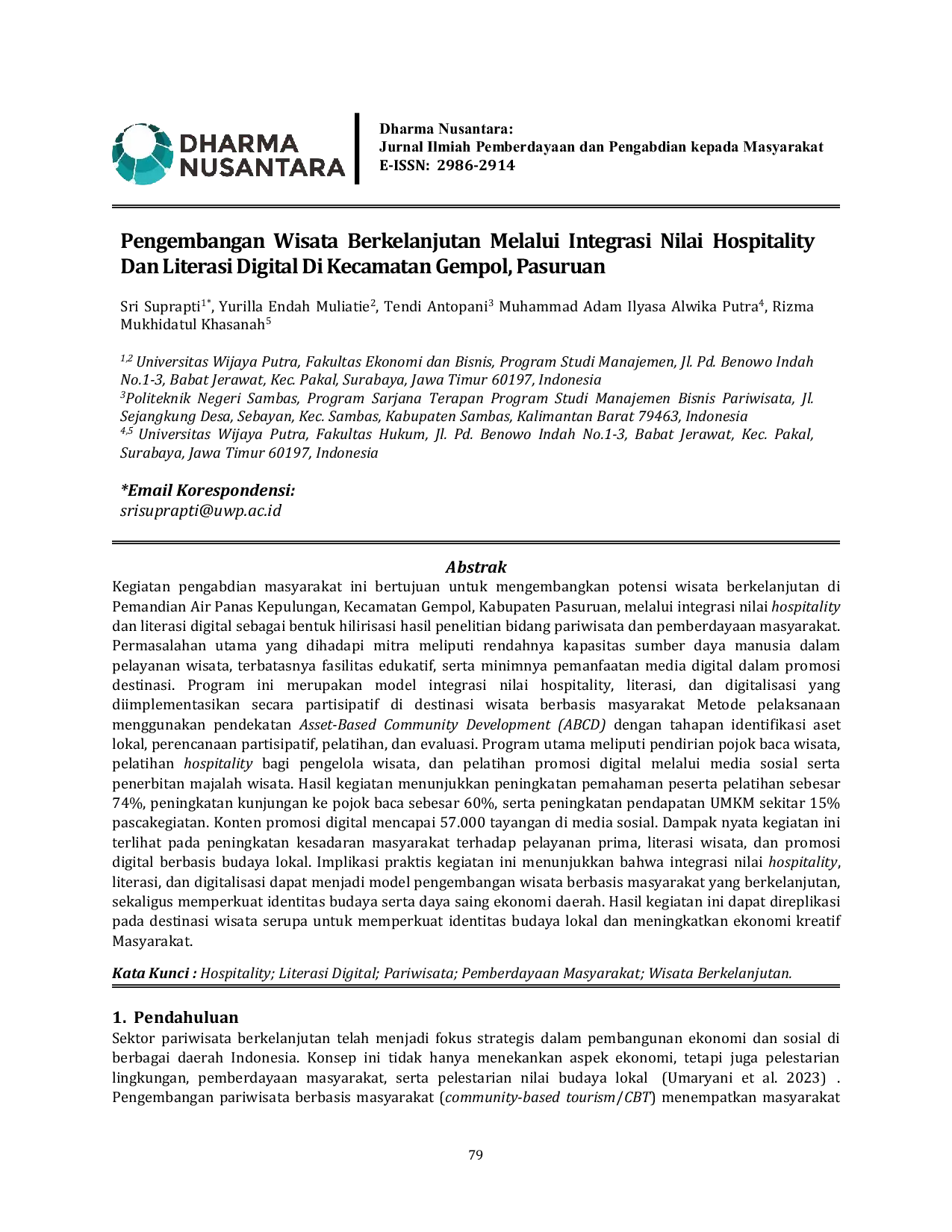 JURIS Pengembangan Wisata Berkelanjutan Melalui Integrasi Nilai Hospitality Dan Literasi Digital Di Kecamatan Gempol Pasuruan