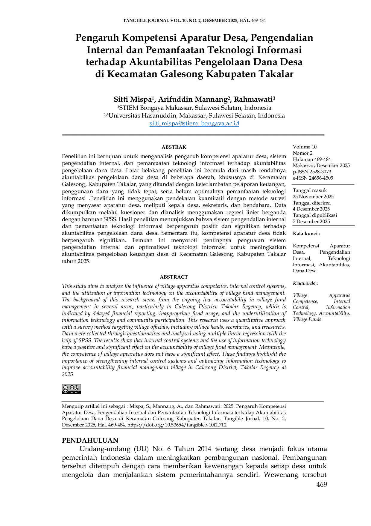 JURIS Pengaruh Kompetensi Aparatur Desa Pengendalian Internal dan Pemanfaatan Teknologi Informasi Terhadap Akuntabilitas Pengelolaan Dana Desa Di Kecamatan Galesong Kabupaten Takalar