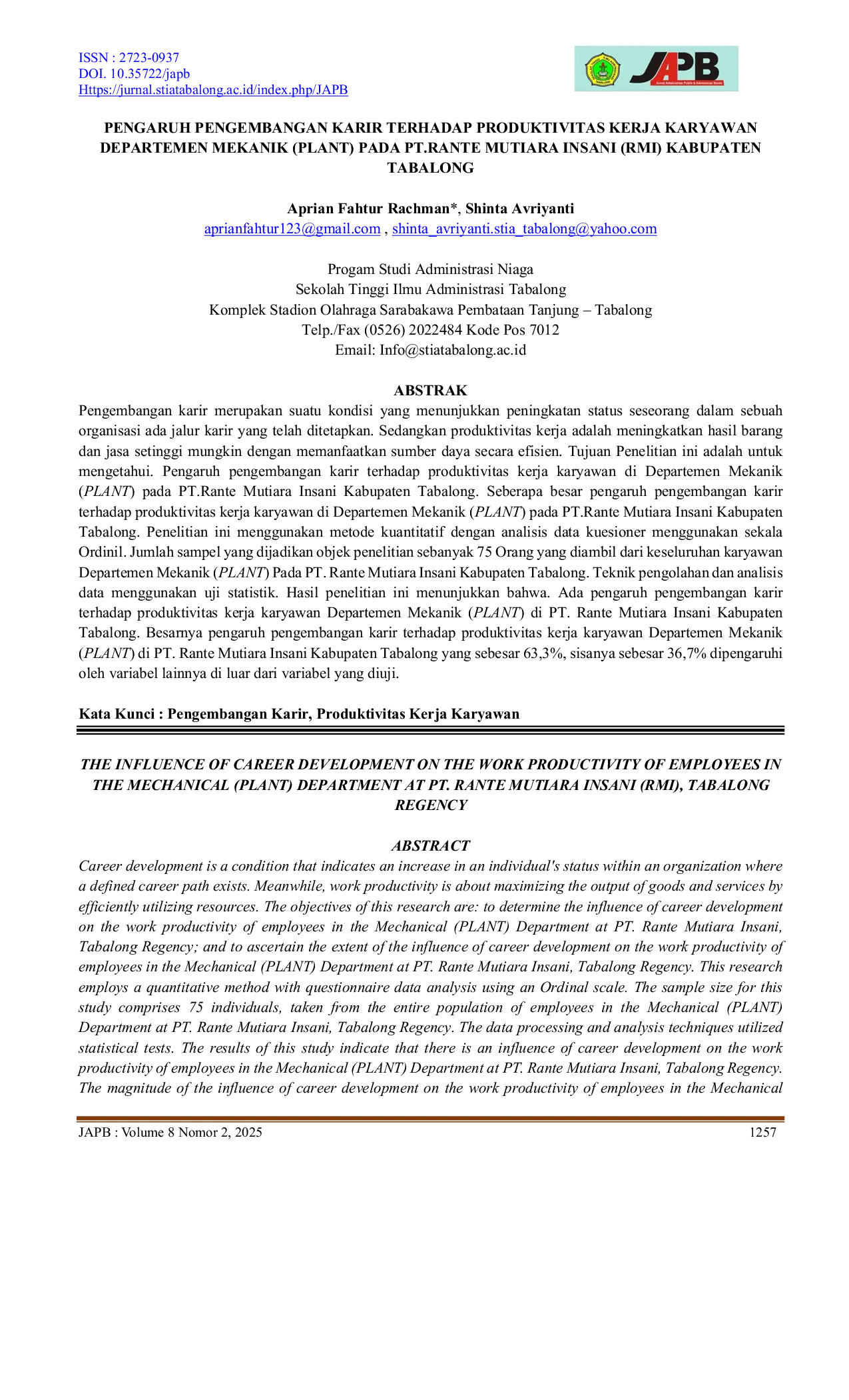 JURIS Pengaruh Pengembangan Karir Terhadap Produktivitas Kerja Karyawan Departemen Mekanik Plant Pada Pt Rante Mutiara Insani Kabupaten Tabalong
