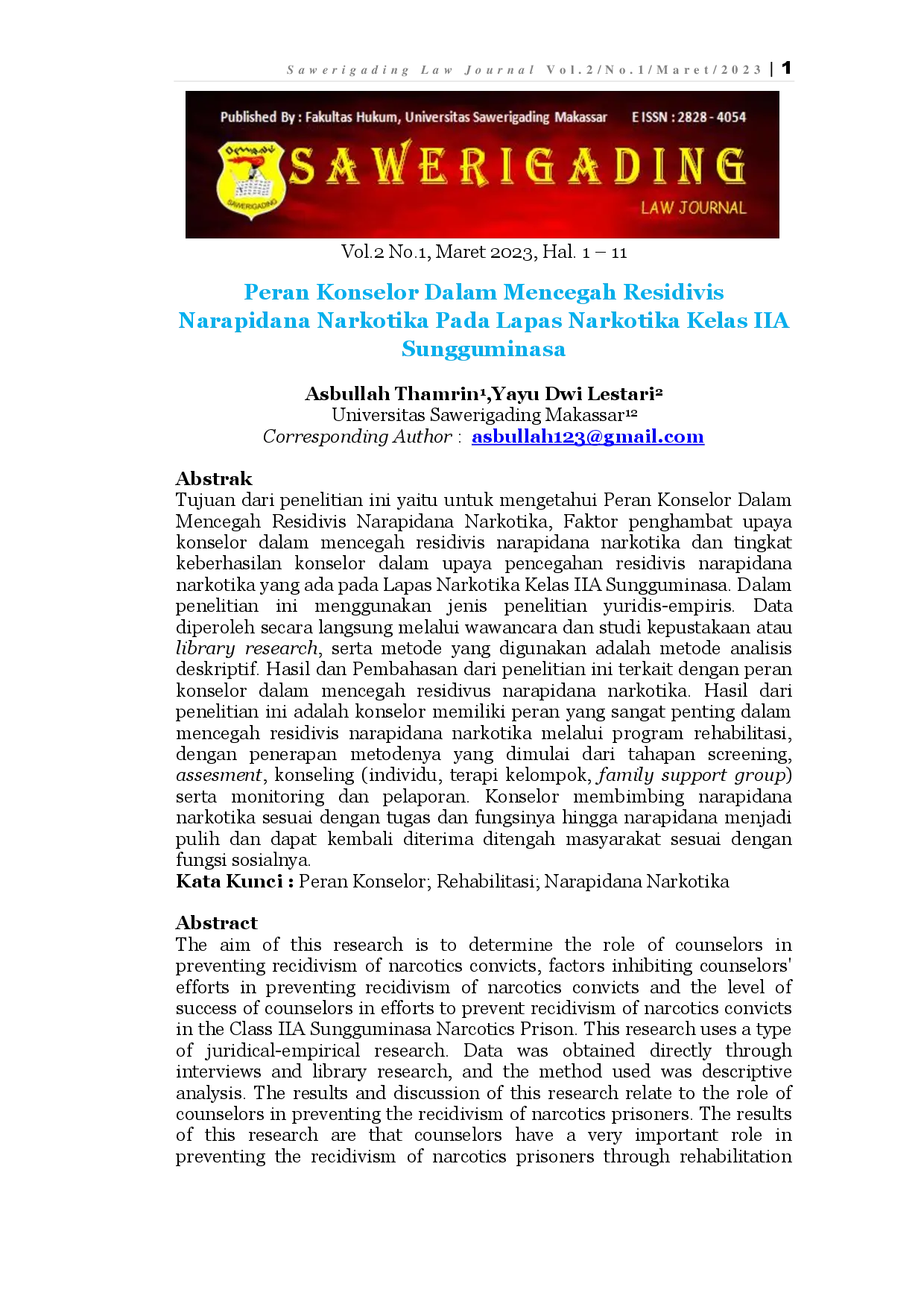 juris Peran Konselor Dalam Mencegah Residivis Narapidana Narkotika Pada Lapas Narkotika Kelas IIA Sungguminasa